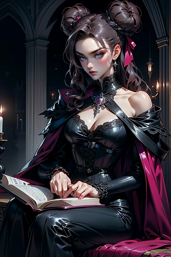 (masterpiece, top quality, best quality, official art, beautiful and aesthetic: 1.2), (1 woman: 1.3), long curly dark brown hair, ((fancy bun)), Victorian style, Victorian classic, extremely detailed, portrait, looking at the viewer, solo, (full body: 0.6), detailed background, close-up, mischievous eyes, magenta eyes (cold midnight castle theme: 1.1), vampire, long fangs, blood on chin, huge lips, charlatan, mischievous smile, mysterious, being seductive on the balcony, revealing gothic dress, extremely tight bodice, black costume, magenta skirts, off-the-shoulder, long sleeves, loose sleeves, black leather , cape, corset, black dress, fishnets, black high boots, buckles, straps, bags, glowing blood magic energy, dark magenta fabric, silver trim, black leather, extremely slim, slim waist, slim hips, medieval background (gothic castle exterior: 1.1), nocturnal, dark and mysterious lighting, shadows, magical atmosphere, sitting on the ground. Very sexy, with chin resting on shoulder, abigail larson art style, reading a book