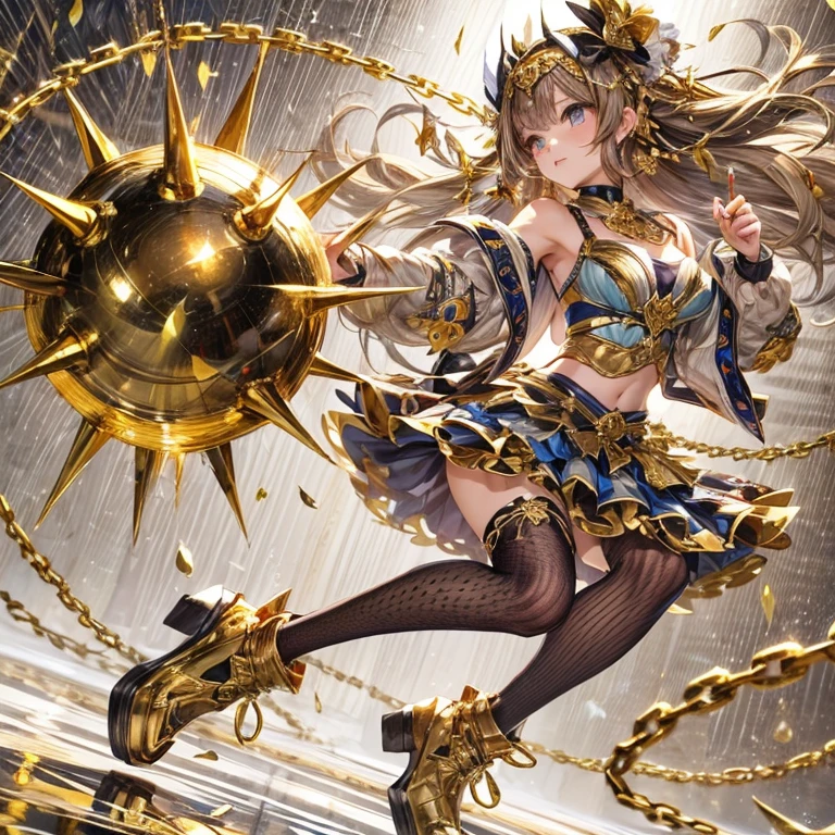 high quality ultra detailed symbolic flat painting, anime cute avantgarde fashion style, beautiful waifu contemporary dancer performing in metallic outfit, swinging chained golden iron ball spiked, with perfect proportion, fighting face, shiny gold polished reflection
