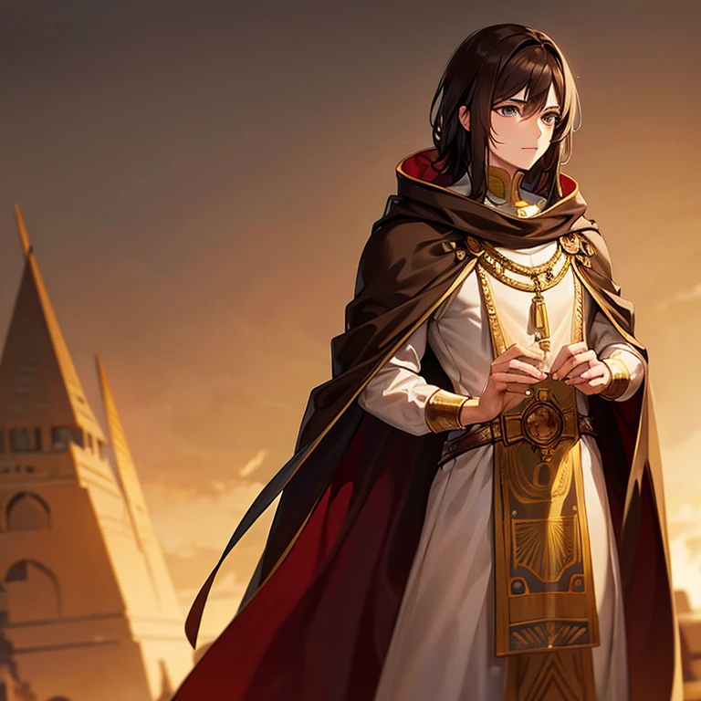 Medieval prince medium brown hair light eyes dressed in Egyptian clothing with an open cloak enjoying the landscape of the kingdom