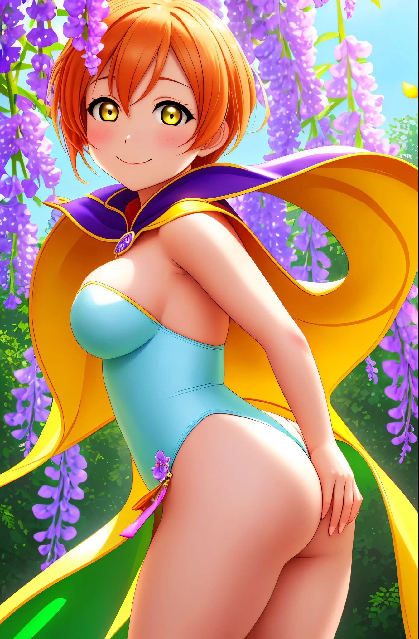 (best quality,4k,8k,highres,masterpiece:1.2), from behind,ass,ultra-detailed,(realistic,photorealistic,photo-realistic:1.37),Hoshizora Rin,yellow eyes, orange hair, solo,strapless leotard,big breasts,beautiful detailed eyes, extremely detailed eyes and face,longeyelashes,pink blush,looking at viewer,body proportions,cute expression,standing pose,sexy smile,soft colors,feminine,charming,wisteria flowers,cape,glowing light,flower petals, breezy environment,Lovely,HDR,UHD,vivid colors