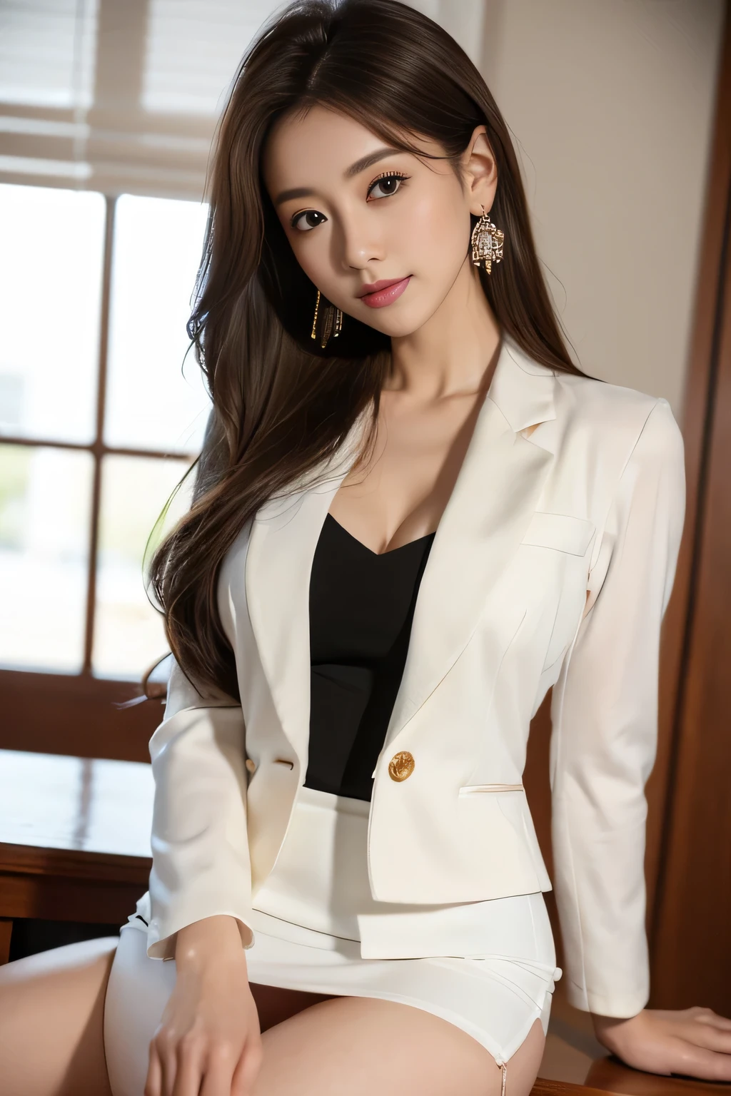 (1 female), beautiful, Great face and eyes, Compensate, (Very detailedbeautiful顔), Captivating smile, (highest quality:1.4), (Very detailed), (very detailed CG synthesis 8k wallpaper), Very detailed, RAW Photos, Professional photography, (Dark suit, White mini skirt:1.2), (A business shirt with a wide open chest), length, light brown, Messy Hair、Big earrings、Close-up、