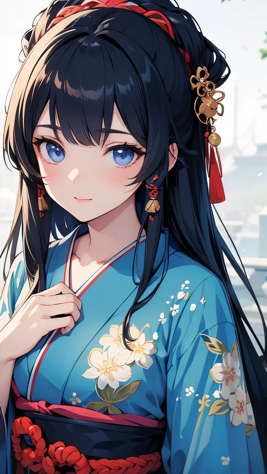 ((Best quality, 8k, Masterpiece: 1.3)), Highly detailed face and skin texture, Detailed eyes, Girl in traditional Japanese kimono, blue kimono, black hair, long hair, kanzashi, pov