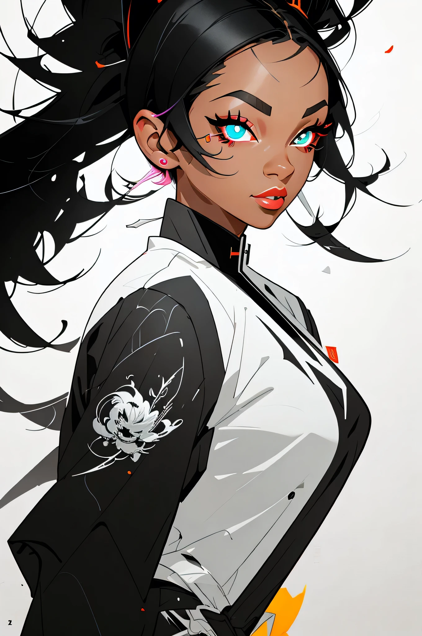 All,vector art,1Black woman with tattoos,black hair,White clothes,Super colorful,Luminous coloring,Sharp, Cinematic,Depth of field,35mm,luminous paint