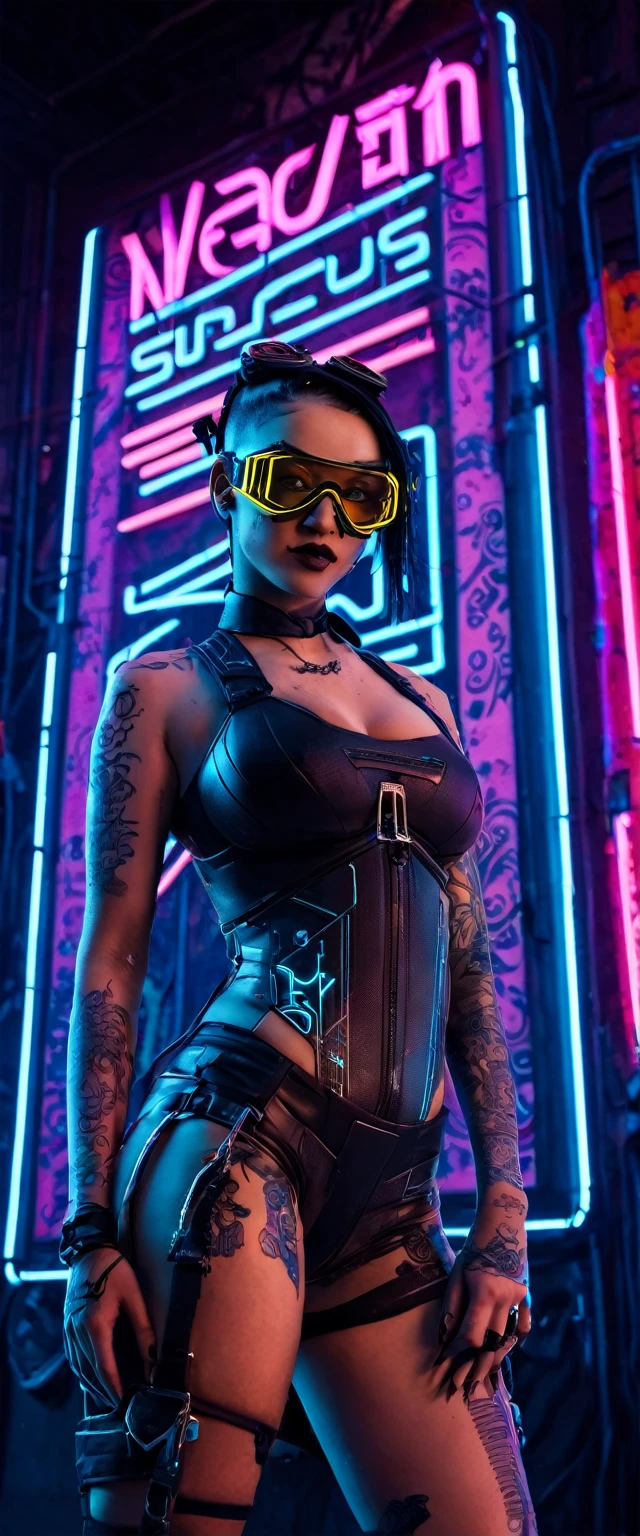 A Cyberpunk girl with goggles and tattoos poses in front of a neon sign.