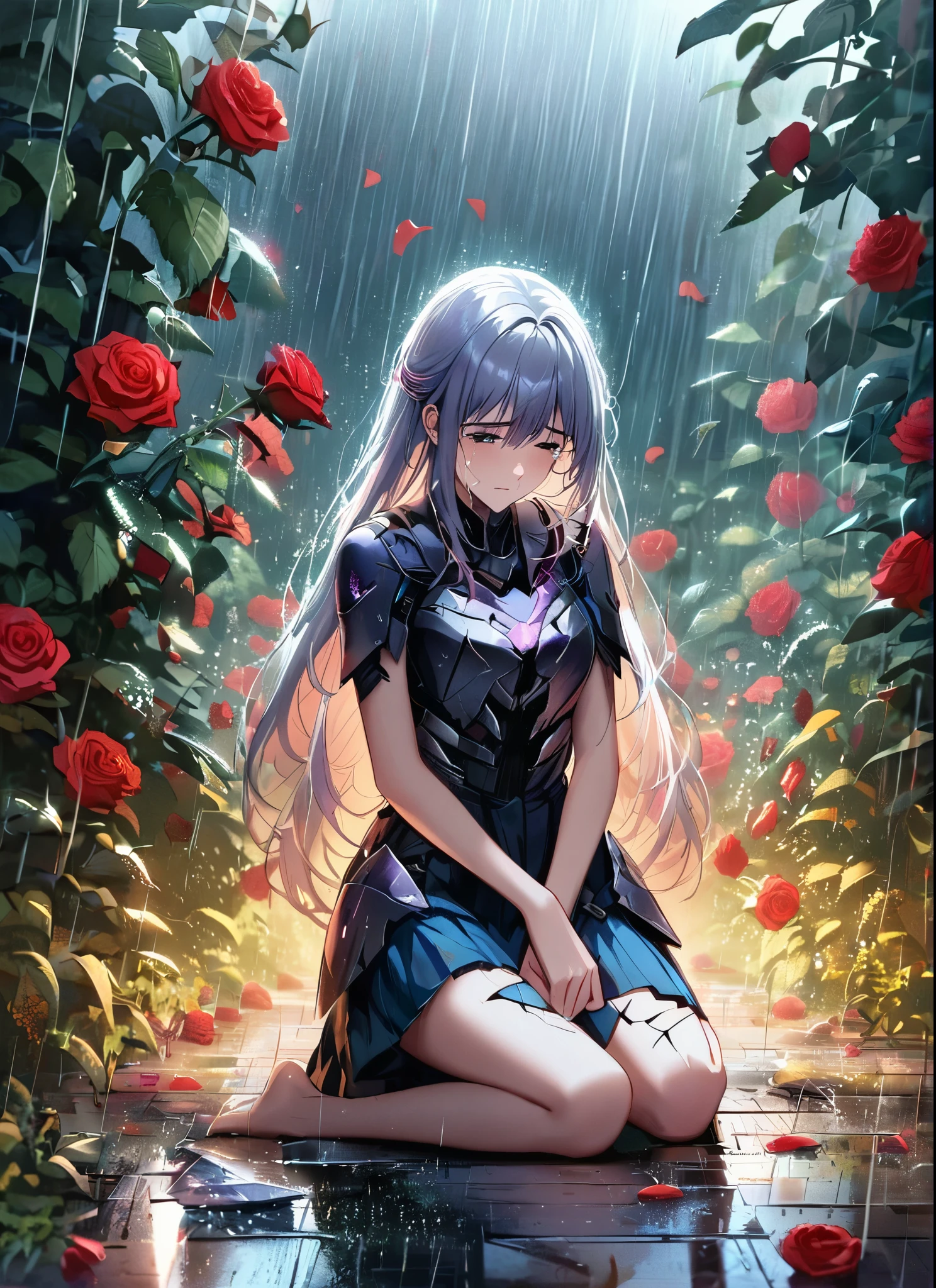 A girl, kneeling in the floor, wearing a shattered and broken armor, missing pieces , in tears, sad, dramatic scene, tears flowing in the face, garden, roses, rain, ultra detailed face 