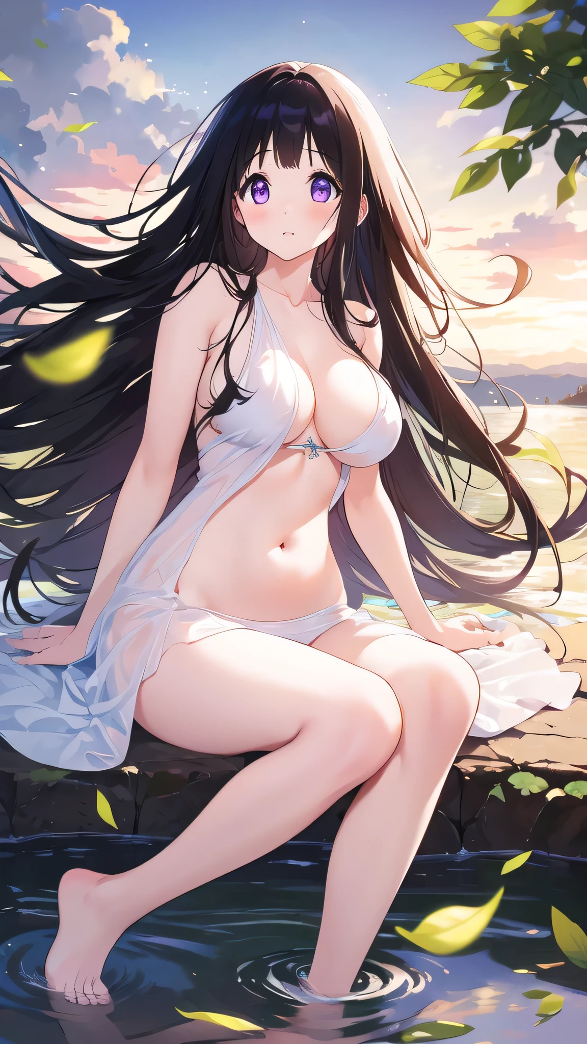 Amazing Chitanda, There is only one beautiful girl,Purple Eyes, Black Hair, Naturally straight hair, Straight bangs,Extremely refined,open your lips,Face is so red,Very white skin,big eyes,Flowing long hair,beautiful girl, Like a dream,Slim,Soft, (Sensual), (Kawaii), Dream quality,by the lakeside,early morning,Fallen Leaves,A strong wind blew,Stormy Weather,dress,The skirt was blown away,Show your belly button,Reflective skin,naked,Beautiful big breasts,No pants,Delicate clavicle,Delicate hands and feet,Naked Neck,Naked with exposed thighs,Exposing the groin,Camel toe,Naked legs,barefoot,extremely shy,Ultra-high resolution, (masterpiece:1.2, best quality), (Delicate and beautiful eyes: 1.2), (Beautiful and delicate face)