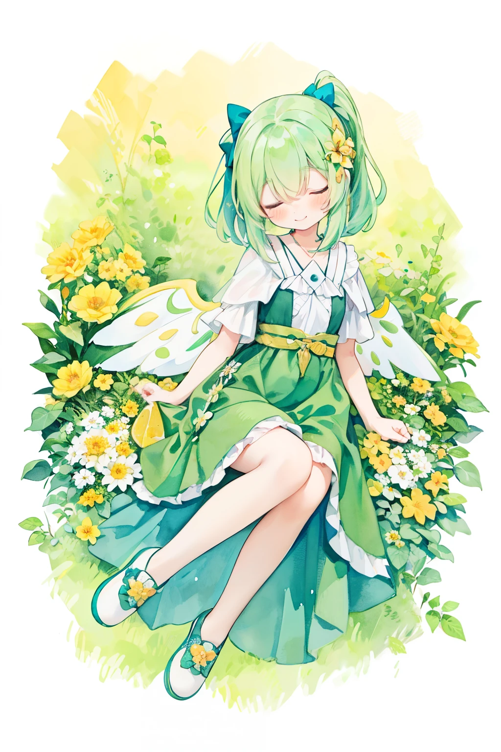 Realistic Lines、Ultra-high definition depiction、Realistic Lines、Close your eyes and smile、(PastelColors:1.3)、(Cute illustration:1.3)、(watercolor paiting:1.1)、 Detailed background、redhead, 1 girl, Four fairy wings on his back、summer👗、ハート型のsummer flowerwreath background:1.0、white, high ponytail、platform sneakers、smile、Up from the side,Green-haired girl、Part your bangs in the middle、Bob Hair、Yellow flower hair ornament、Green Dress、cute、personification、cute two girls