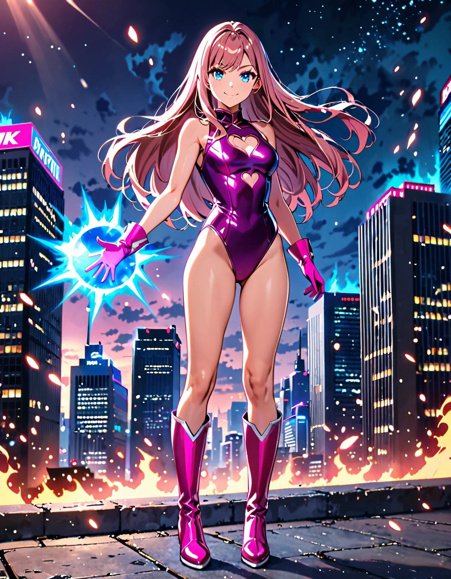 masterpiece, best quality, highres, 1girl, solo, superhero, leotard, bare legs, matching boots, aura, blue aura, sleeveless, looking at viewer, light particles, city backdrop, perfect hands, perfect eyes, powering up, perfect leotard, perfect legs, perfect arms, perfect fingers, medium breasts, pink leotard, standing, blonde hair, long hair, knee boots, blue eyes, heart cutout, cute face, hair down, bangs, sleeveless, pink gloves, pink footwear, cleavage cutout, smile, :d