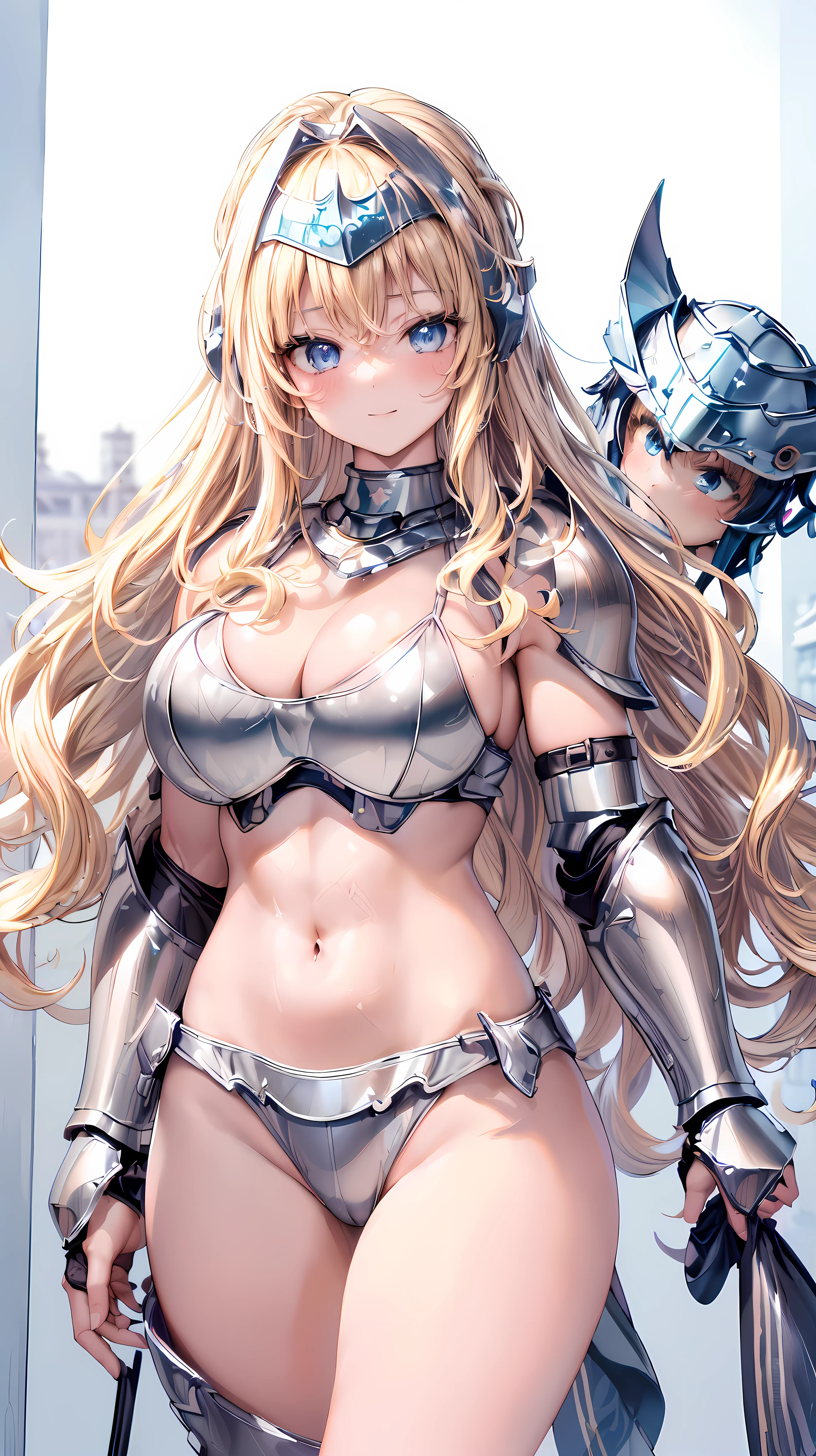 Very detailed、highest quality、Best image quality、masterpiece、8k、Anime Face、A kind smile、Open your mouth、Sparkling blue eyes、(Blonde wavy hair:1.5)、、Muscles of the whole body、camisole、Thigh belt、mini skirt、(Wearing silver bikini armor:1.5)、(Cowboy Shot:1.5)、(Leg armor:1.5)、(Wearing a helmet:1.5)