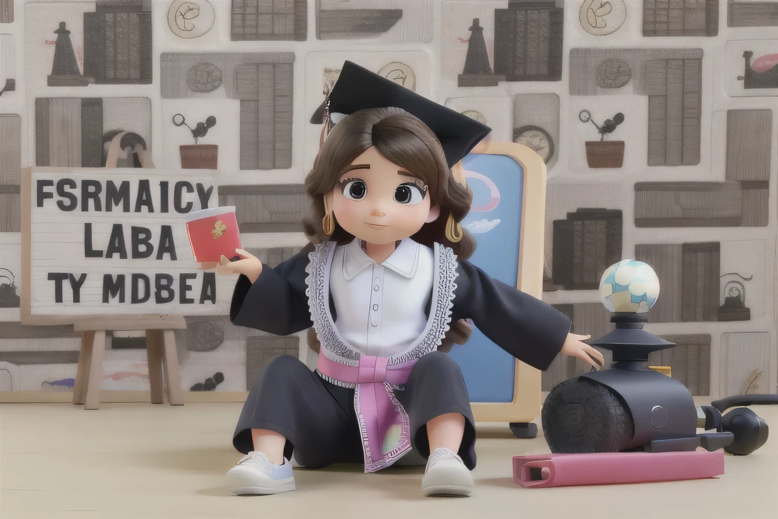 Bebe sentada com beca de formatura, cabelo escuro estilo disney pixar alta qualidade, melhor qualidade