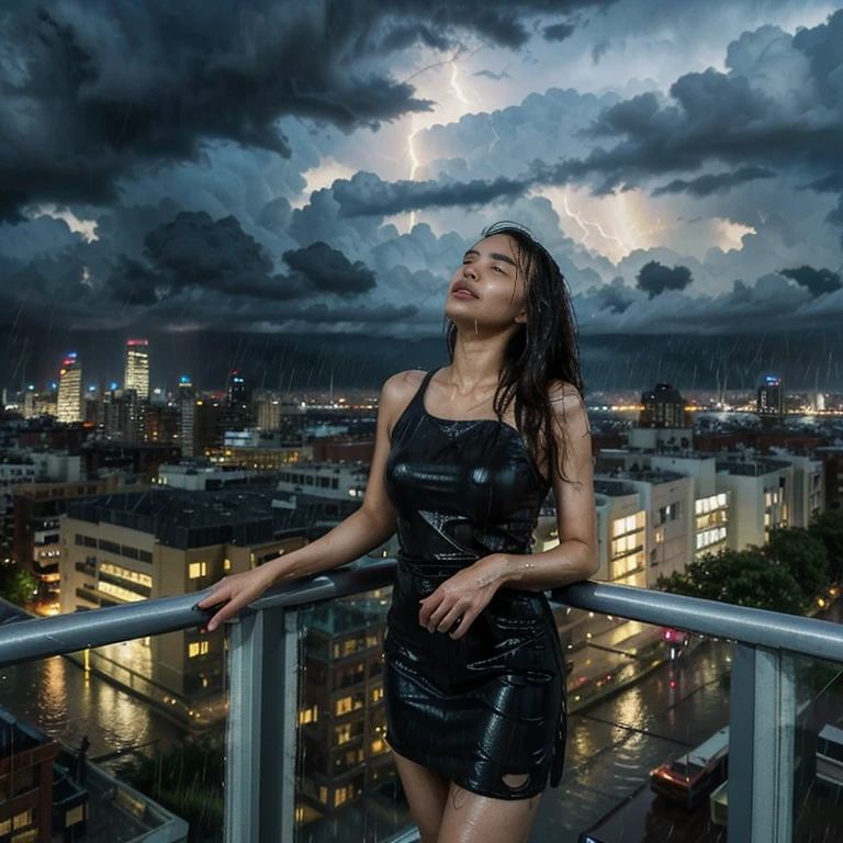 (highest quality、4K、High resolution)、Portrait、Beautifully detailed eyes、Perfectly shaped nose、Full and seductive lips、Shiny wet hair、A visually striking face、Ideal Body Proportions、Feminine and primitive lace dress、Stand on a rooftop and look out over the city skyline、Tall modern skyscrapers、There was a strong wind blowing.、(Heavy rain is pouring down from the dark clouds:1.6)、Dramatic lightning lit up the sky、My wet clothes were sticking to my body、Kneeling gracefully and confidently on the rooftop、Dresses fluttering in the wind、Eyes staring straight into the camera lens、It creates a fascinating and powerful connection.