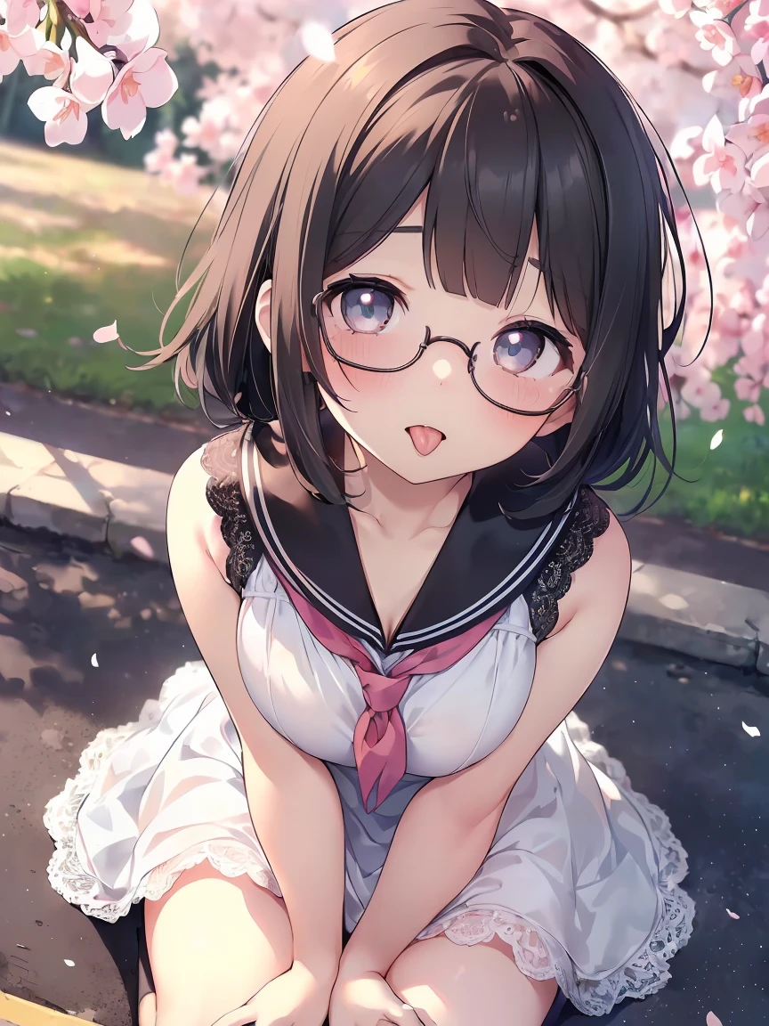 Very detailed, highest quality, High resolution, Moe Anime, ((A cute elementary school girl with black hair and droopy eyes)), ((Wearing large round glasses:1.4)), (Baby Face), Cute eyes, Detailed eye depiction, Sparkle in the eyes, View your viewers, Dark eye color, Pale skin, (Big eyes:1.4, Droopy eyes:1.4, Fatty face:1.4), smile, Focus on the face, In the park with cherry blossoms falling, Sitting, (Extreme close up of tongue), (((From above))), Open your mouth, (((Face only:1.3))), ((white lace sleeveless dress)), Bright Eyes, Light from the front, (Put your hands between your legs:1.4), large and long tongue, Cleavage