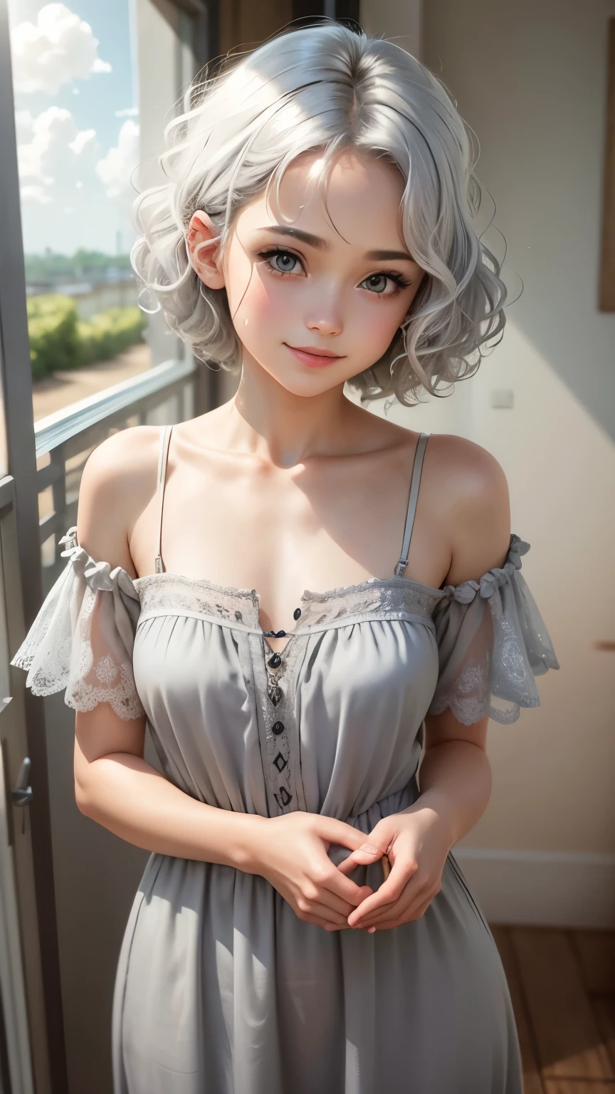 Fair skin, silver hair, short, curly hair, angel, grey dress, gentle smile, sunlight shining through the gaps in the clouds