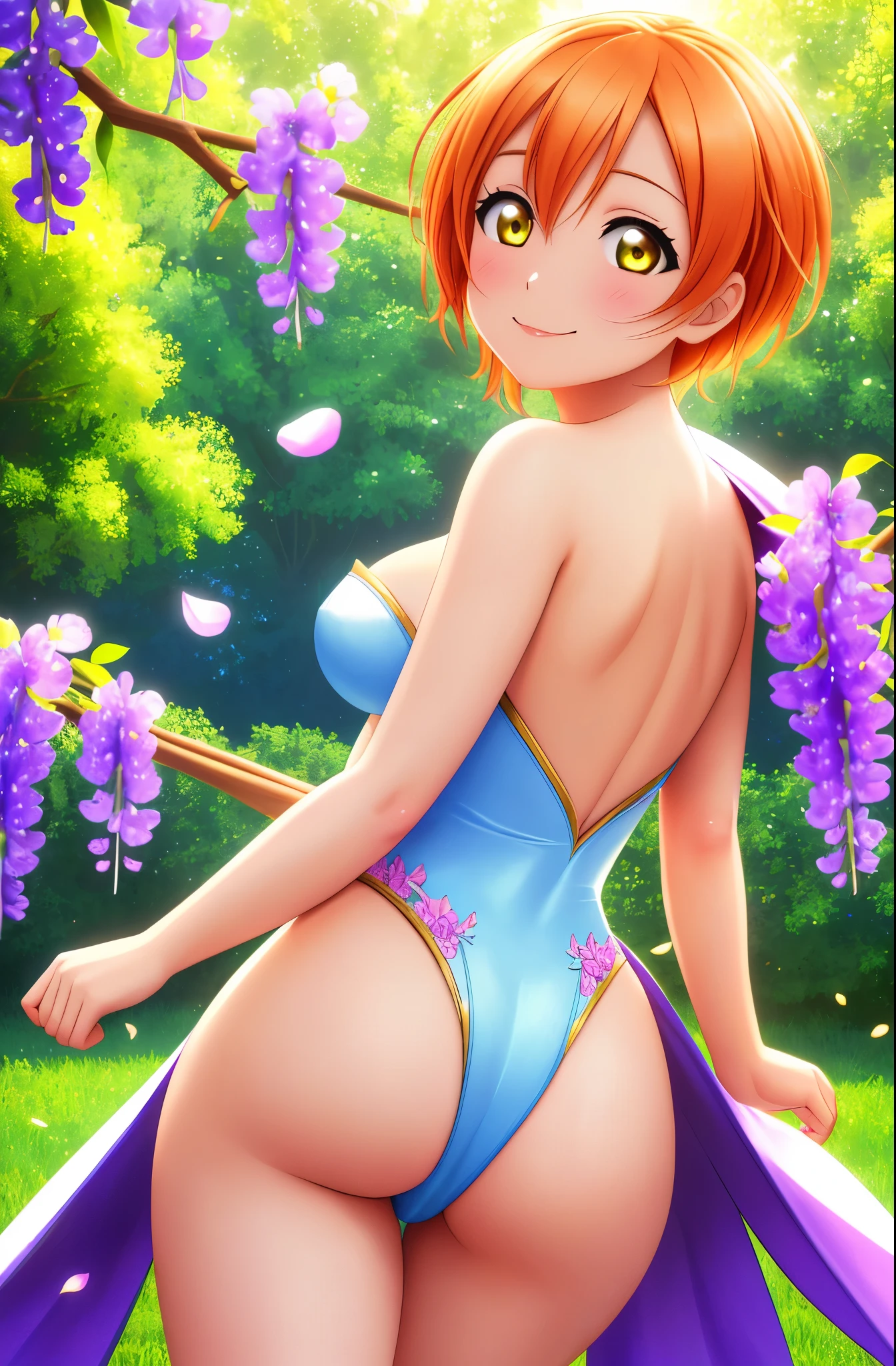 (best quality,4k,8k,highres,masterpiece:1.2), from behind, exposed ass cheeks ,ultra-detailed,(realistic,photorealistic,photo-realistic:1.37),Hoshizora Rin,yellow eyes, orange hair, solo,strapless leotard,big breasts,beautiful detailed eyes, extremely detailed eyes and face,longeyelashes,pink blush,looking at viewer,body proportions,cute expression,standing pose,sexy smile,soft colors,feminine,charming,wisteria flowers,cape,glowing light,flower petals, breezy environment,Lovely,HDR,UHD,vivid colors