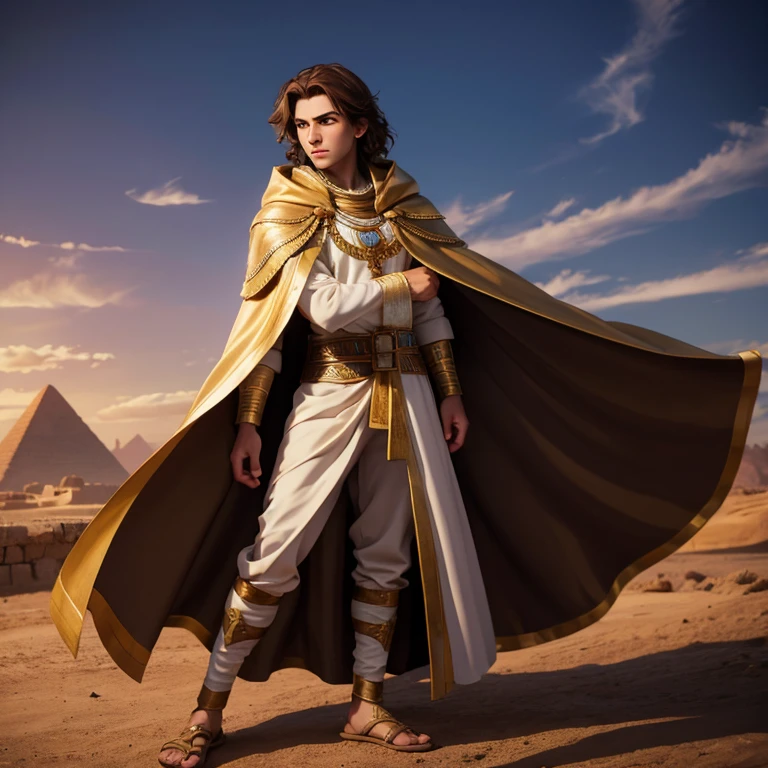 Medieval prince medium brown hair light eyes dressed in Egyptian clothing with an open cloak enjoying the landscape of the kingdom Full body