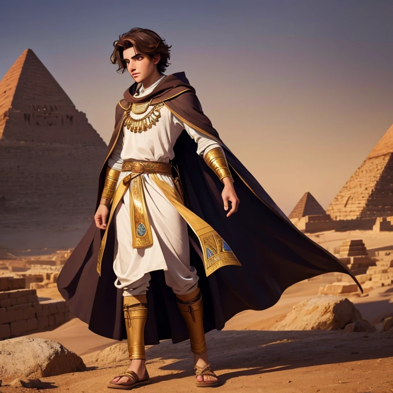 Medieval prince medium brown hair light eyes dressed in Egyptian clothing with an open cloak enjoying the landscape of the kingdom Full body