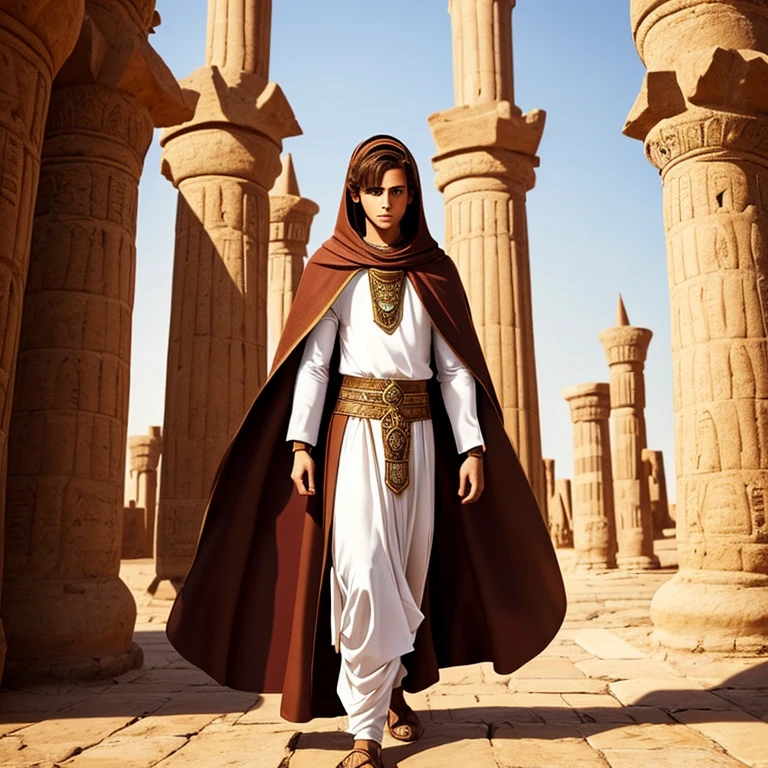 Medieval prince medium brown hair light eyes dressed in Egyptian clothing with an open cloak enjoying the landscape of the kingdom Full body