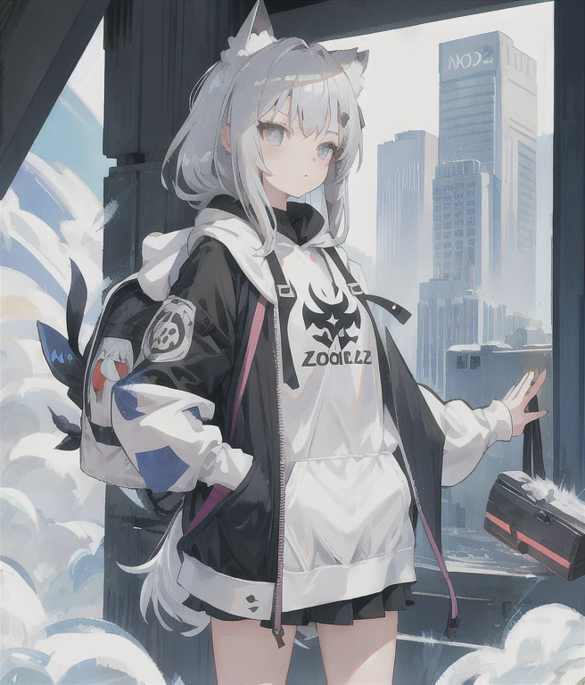 Silver Haired Girl,Small breasts,wolfy hoodie,rucksack