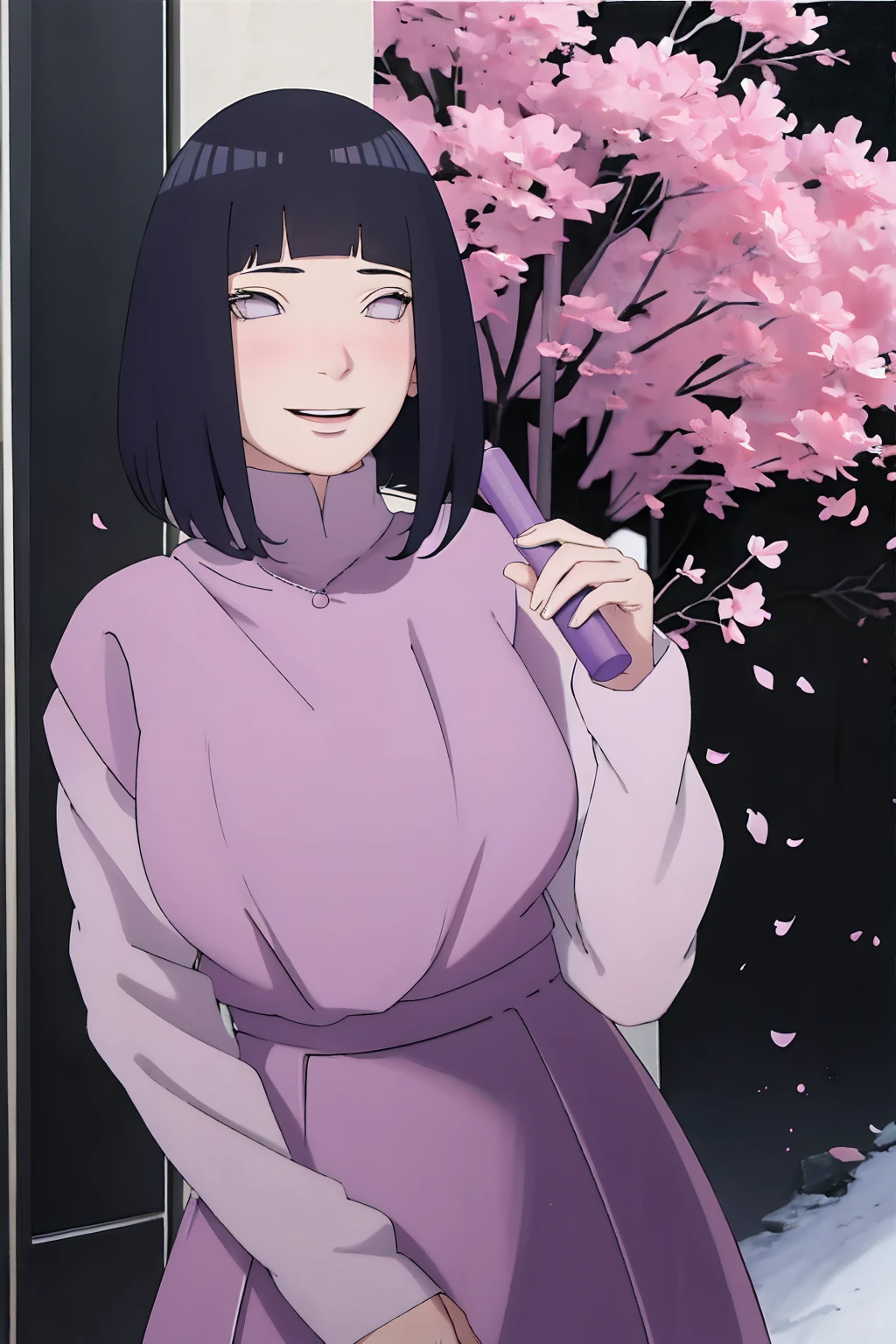 masterpiece, absurdres, hinata\(boruto\), 1girl, solo,mature female, tshirt long sleeve, high waist short skirt, looking at viewer, (falling petals), perfect composition, detailed lips, big breast, beautiful face, body propotion, blush, (pink lips), long hair,  purple eyes,  soft gaze,  super realistic, detailed, photoshoot, realistic face and body, thighhighs, smiling