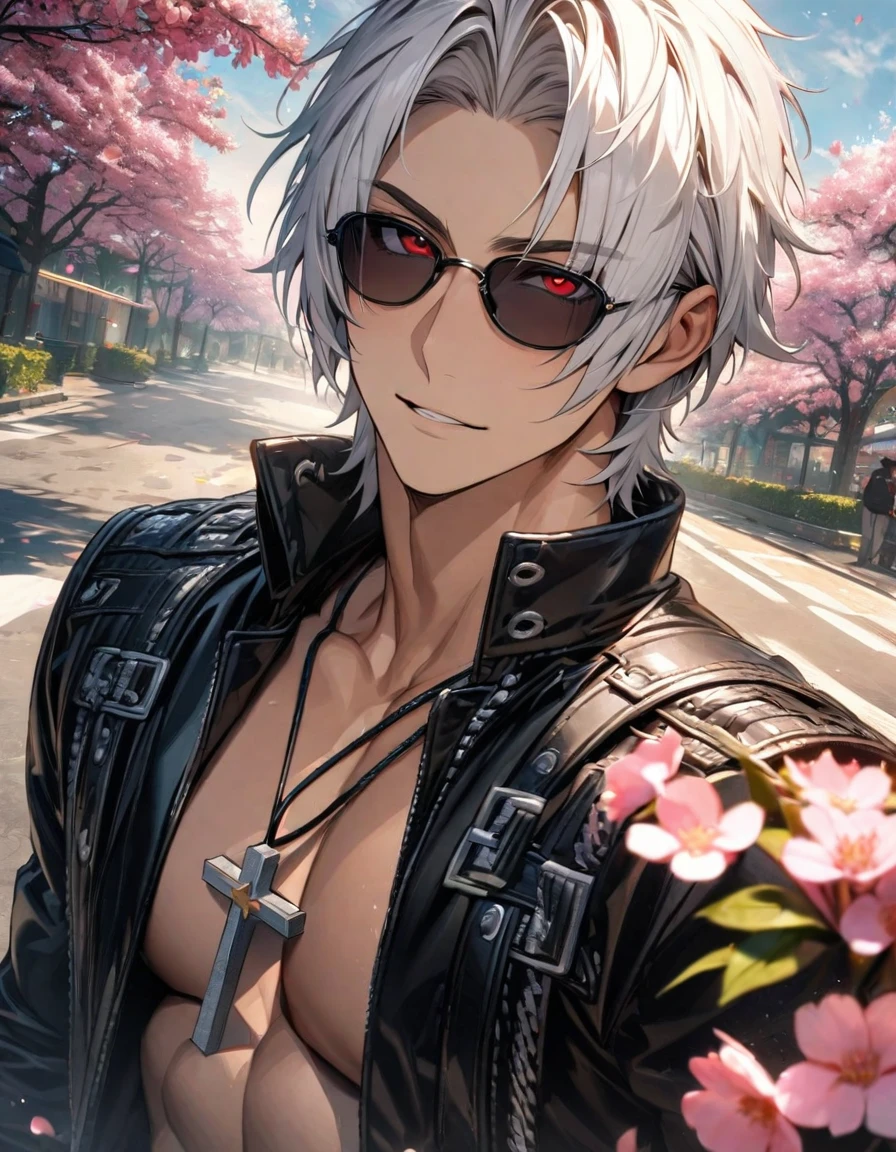 absurdres, highres, ultra detailed, HDR, master piece, best quality, extremely detailed face and eyes, K', white hair, with bangs, short hair, expressive red eyes, The King Of Fighters, black sunglasses, solo, sexy man, handsome, black leather clothes, cross necklace, tanned skin, pink flowers, blossoms, spring