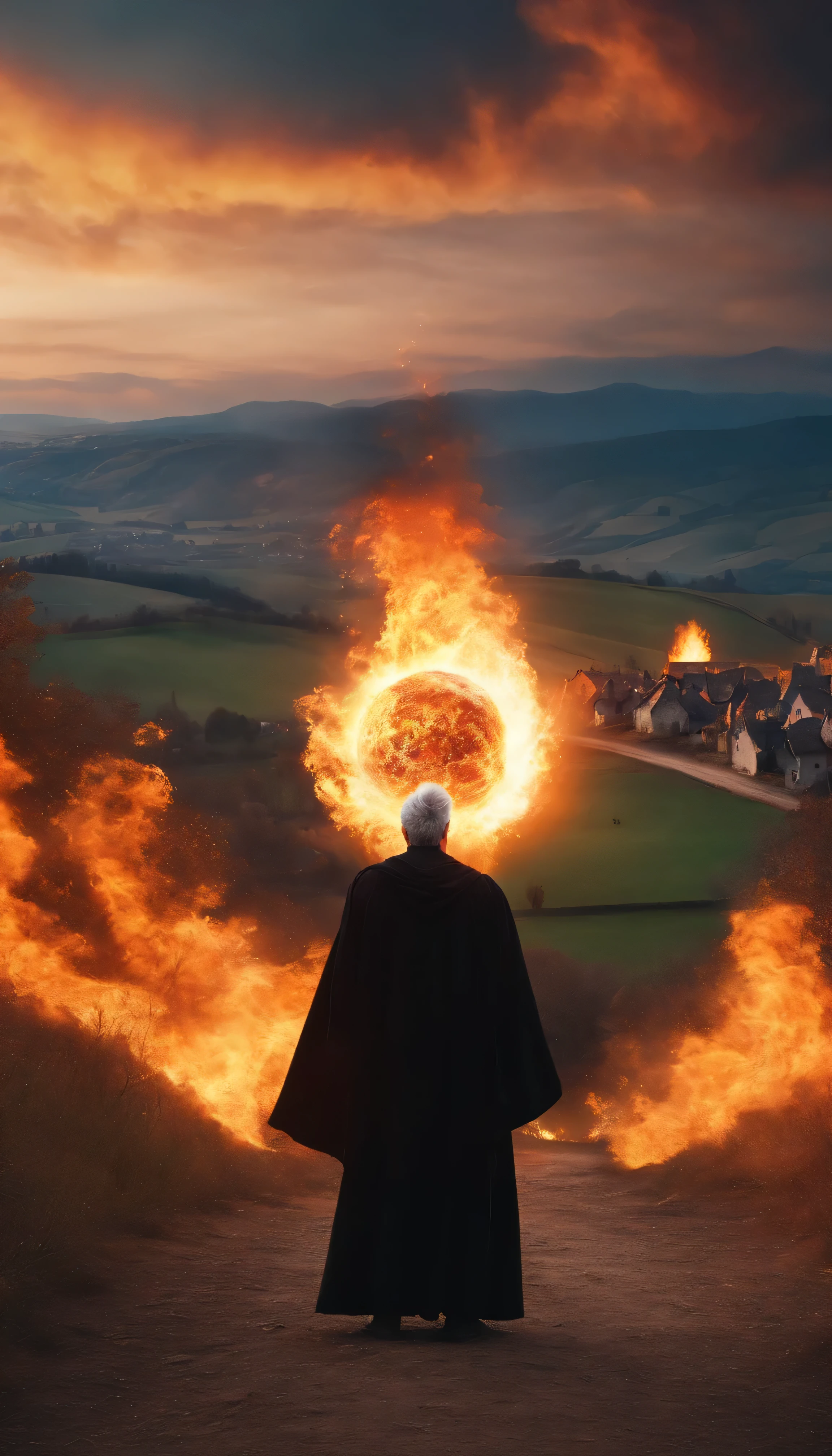 8k, close distance portrait, a male wizard with black clothes and grey short hair from behind, hand up to the sky, throwing a super massive huge fireball to a village in the distance from hill, with a burning village background the distance