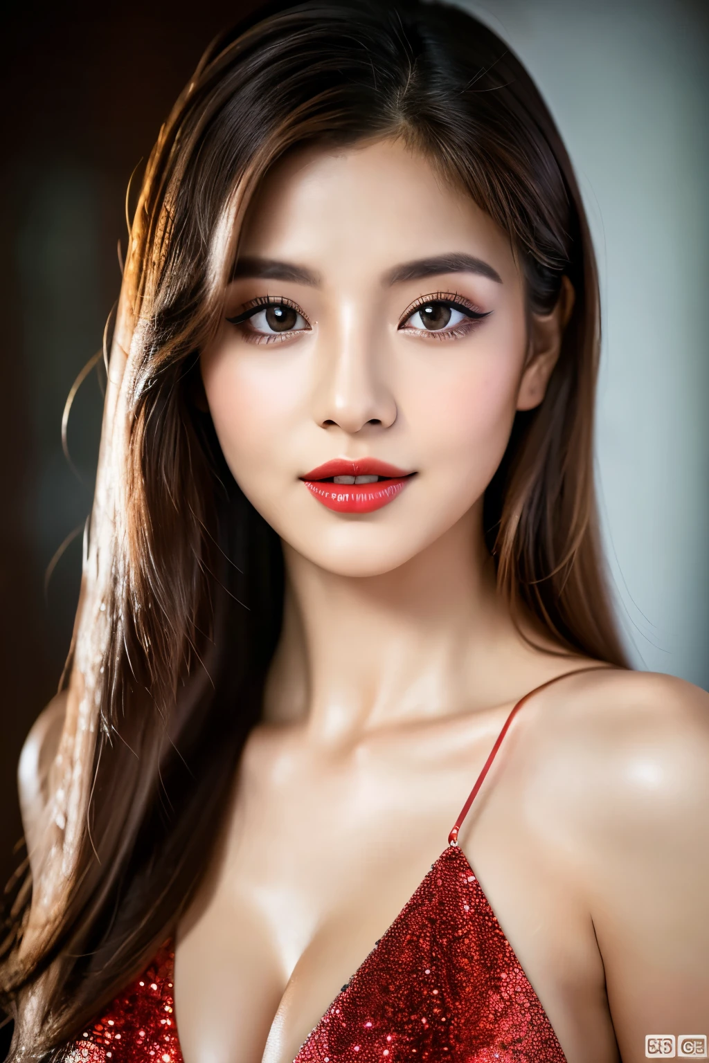 (highest quality、table top、8k、best image quality、Award-winning work)、(one young girl, :1.3)、no sleeve, (red eyeshadow:1.2)、perfect makeup、long eyelashes、Super high-definition sparkling eyes、ultra high definition hair、ultra high resolution glossy lips、Super high resolution perfect teeth、Super high resolution cute face、brown hair、(very short straight hair:1.1)、look at me and smile、[clavicle]、accurate anatomy、(close up of face:1.5)、Luxury love hotel、(The most moody warm lighting:1.2)、blurred background、With bangs、Super high-resolution glossy and moisturized face、Super high resolutio n glowing skin、most detailed face、Ultra high resolution detailed faces、ultra high resolution hair、Fashion model 25 years old [[[[close-up]]], [[[[chest]]]], [[[[neck]]], [shoulders]]]]], Perfect eyes, Perfect iris, Perfect lips, Perfect teeth, Perfect skin, Soft front light, Glow, HDR, (Soft color: 1.2), Best quality, masterpiece, ultra high res, (photorealistic:1.37), raw photo, 1girl, long hair, beautifull eyes, beautifull face, detailed eyes and face, t-shirt, dynamic lighting, in the dark, table top, highest quality, realistic, Super detailed, finely, High resolution, 8k wallpaper, 1 beautiful woman, light brown messy hair, He is wearing an open-necked shirt., sharp focus, perfect dynamic composition, beautiful and detailed eyes, thin hair, Detailed realistic skin texture, smile, upper body, model body shape, mile, close-up portrait, model body shape, body shape,cleavage, tropical beach, thin and long legs Translated with DeepL.com (free version)Top Quality, Masterpiece, (Realistic:1.2), 1 girl, detailed face, beautiful eyes, (Masterpiece:1.2, Top Quality), (fine beautiful eyes: 1. 2), (highly detailed Cg Unity 8K wallpaper, Masterpiece, Top Quality, super detailed, best shaSuper high resolution sparkling eyes、Beautiful face drawn in every detail、Super high resolution glossy red lips、big breasts、cleavage、Fashionable necklaces、camisole, ((masterpiece)), (ultra detailed