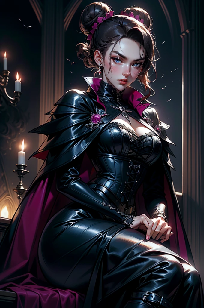 (masterpiece, top quality, best quality, official art, beautiful and aesthetic: 1.2), (1 woman: 1.3), long curly dark brown hair, ((fancy bun)), Victorian style, Victorian classic, extremely detailed, portrait, looking at the viewer, solo, (full body: 0.6), detailed background, close-up, mischievous eyes, magenta eyes (cold midnight castle theme: 1.1), vampire, long fangs, blood on chin, huge lips, charlatan, mischievous smile, mysterious, being seductive on the balcony, revealing gothic dress, extremely tight bodice, black costume, magenta skirts, off-the-shoulder, long sleeves, loose sleeves, black leather , cape, corset, black dress, fishnets, black high boots, buckles, straps, bags, glowing blood magic energy, dark magenta fabric, silver trim, black leather, extremely slim, slim waist, slim hips, medieval background (gothic castle exterior: 1.1), nocturnal, dark and mysterious lighting, shadows, magical atmosphere, sitting on the ground. Very sexy, with chin resting on shoulder, abigail larson art style, reading a book