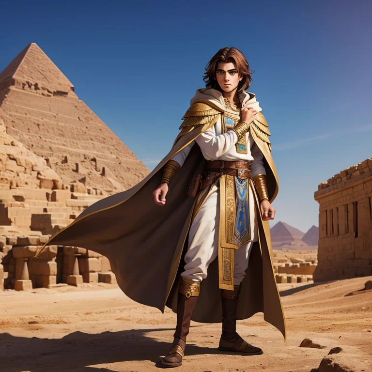 Medieval prince medium brown hair light eyes dressed in Egyptian clothing with an open cloak enjoying the landscape of the kingdom Full body