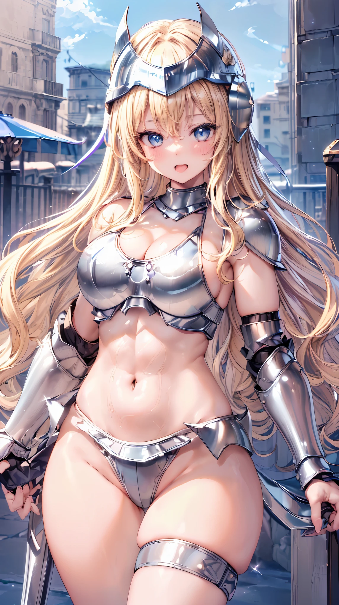 Very detailed、highest quality、Best image quality、masterpiece、8k、Anime Face、A kind smile、(Open your mouth:1.5)、Sparkling blue eyes、(Blonde wavy hair:1.5)、Muscles of the whole body、camisole、Thigh belt、mini skirt、(Wearing silver bikini armor:1.5)、(Cowboy Shot:1.5)、(Leg armor:1.5)、(Wearing a helmet:1.5)