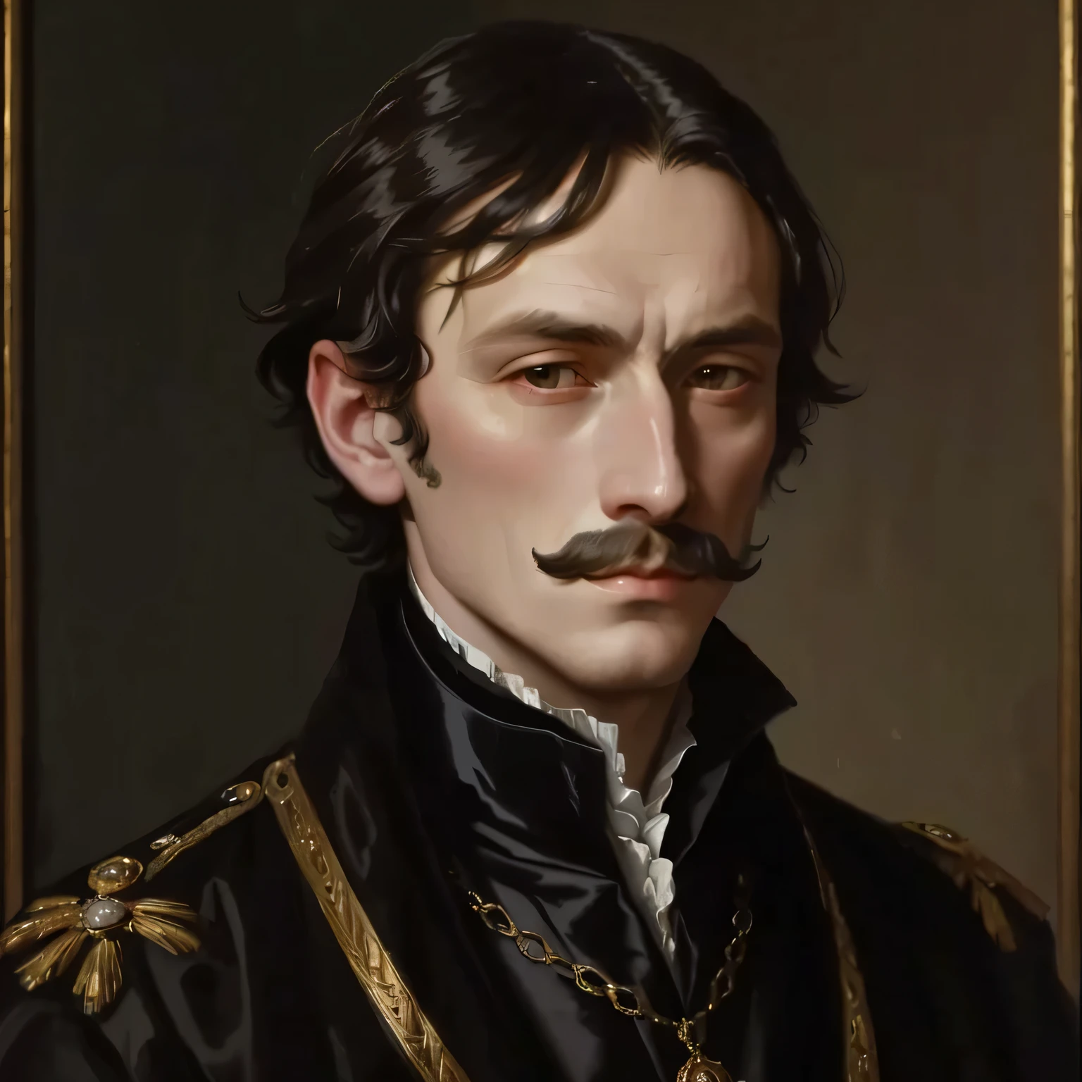a painting of a man in a black coat and gold trim, delaroche, inspired by Théodore Géricault, paul delaroche, portrait of a victorian era duke, by Théodore Géricault, inspired by Daniel Maclise, painting of a man, realistic renaissance portrait, portrait of a victorian duke, baroque portrait painting, english moustache