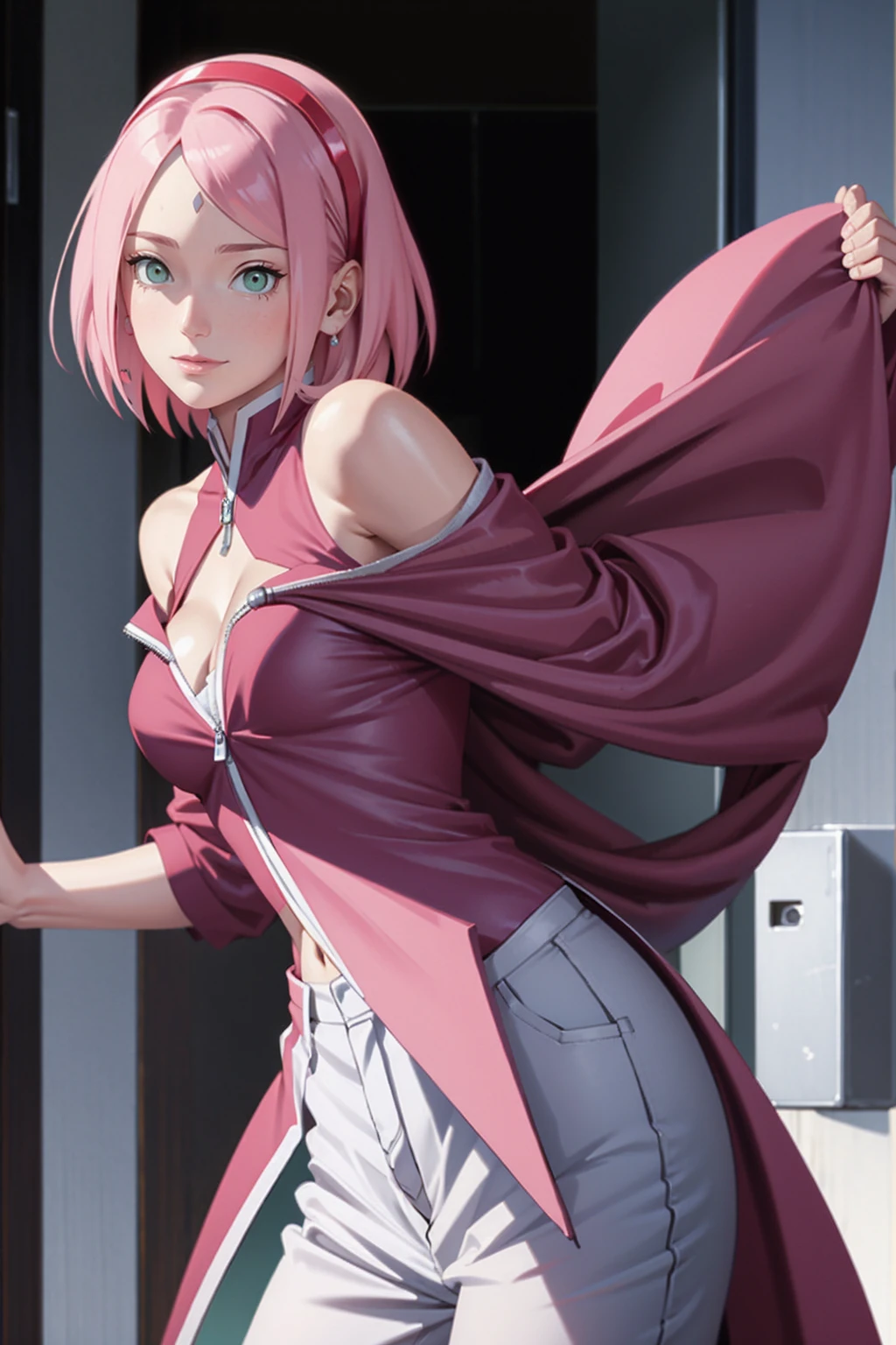 tmasterpiece， Best quality at best， 1girll， Sakura Haruno， Large breasts，Off-the-shoulder attire，（cleavage)，（upperbody closeup)，Raised sexy，is shy，ssmile，with pink hair，short hair， （Green eyeballs:1.4)， Forehead protection， the cherry trees，Cherry blossoms flying，Red clothes，Zipper half, white pant