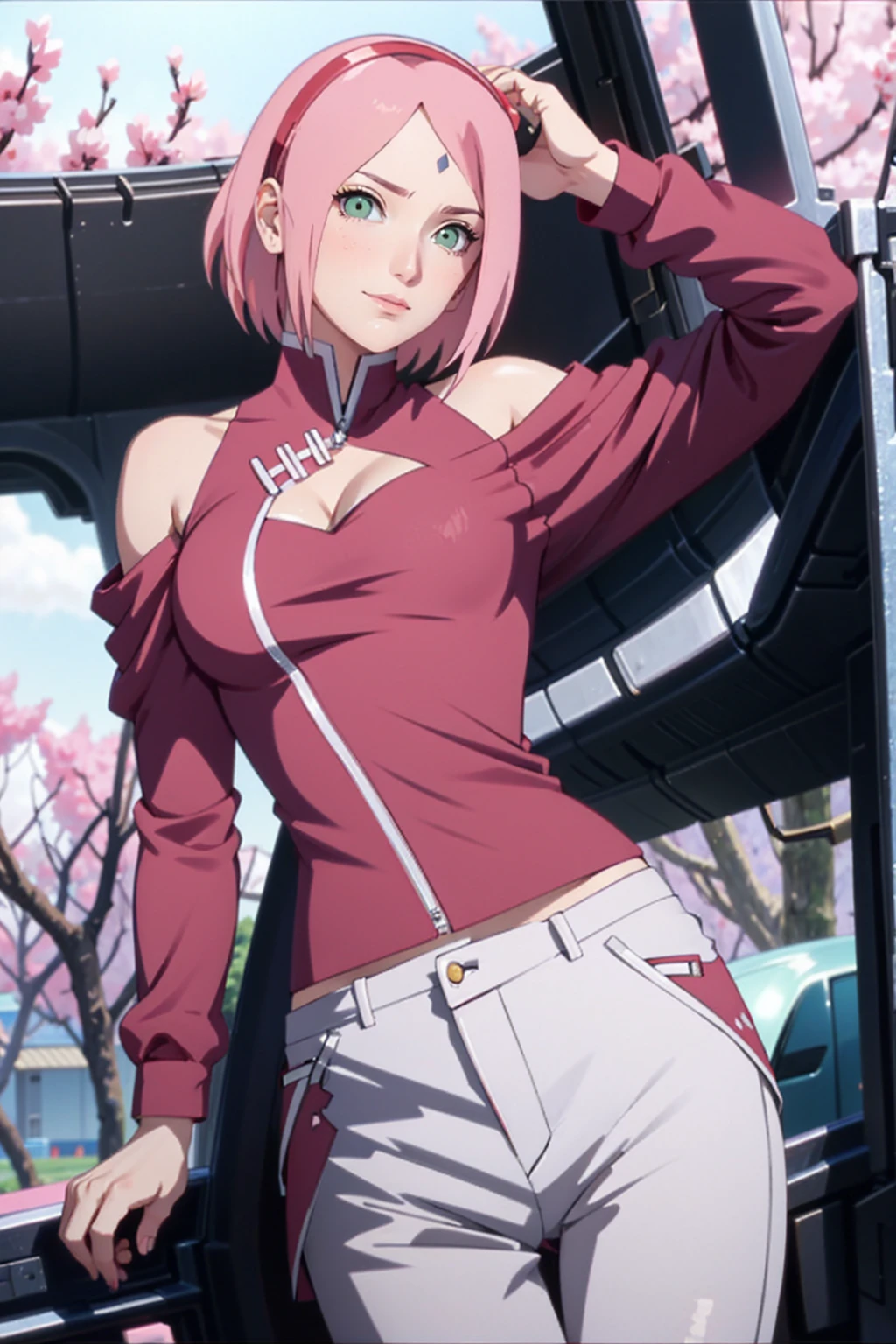 tmasterpiece， Best quality at best， 1girll， Sakura Haruno， Large breasts，Off-the-shoulder attire，（cleavage)，（upperbody closeup)，Raised sexy，is shy，ssmile，with pink hair，short hair， （Green eyeballs:1.4)， Forehead protection， the cherry trees，Cherry blossoms flying，Red clothes，Zipper half, white pant