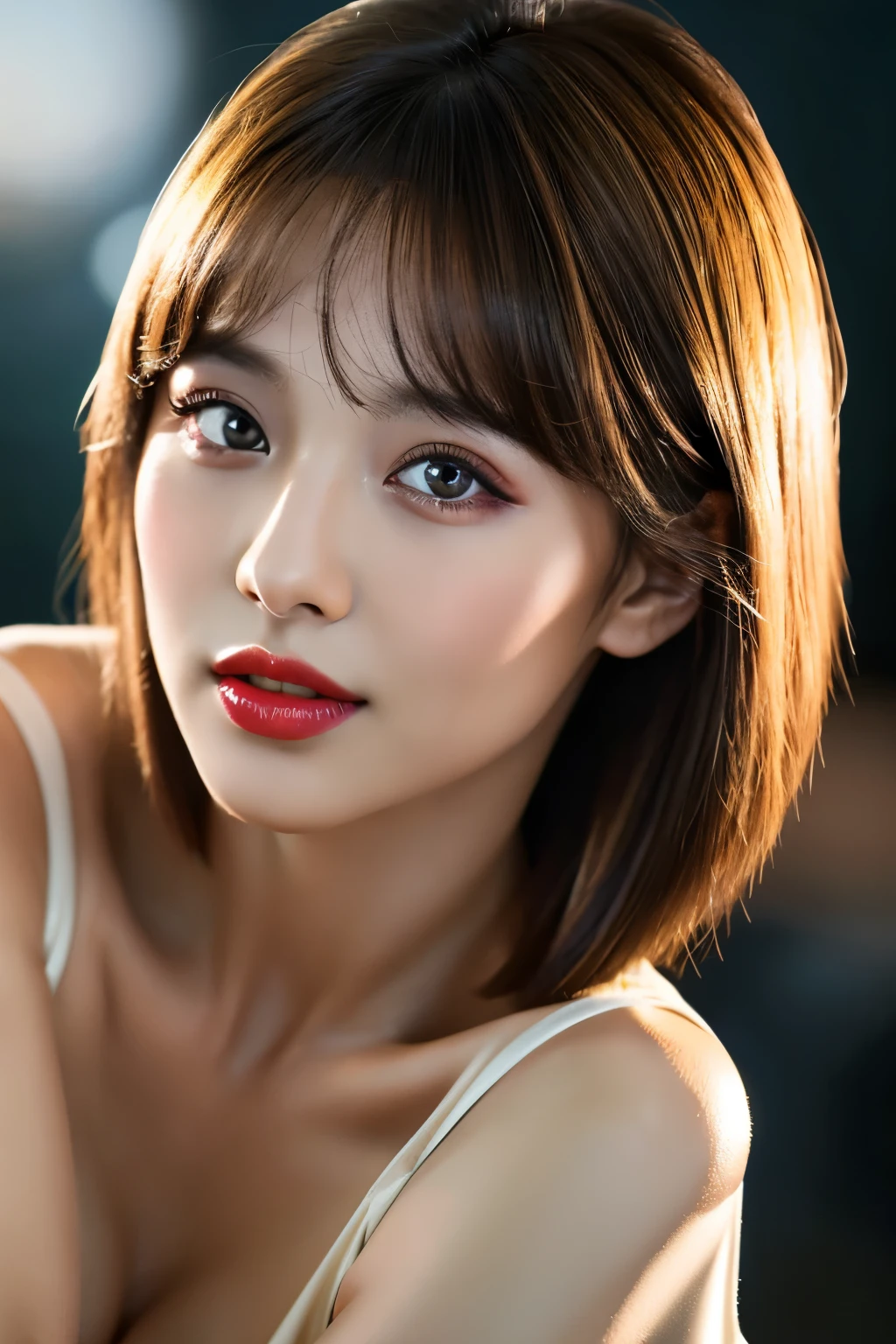 (highest quality、table top、8k、best image quality、Award-winning work)、(one young girl, 14 years old:1.3)、no sleeve, (red eyeshadow:1.2)、perfect makeup、long eyelashes、Super high-definition sparkling eyes、ultra high definition hair、ultra high resolution glossy lips、Super high resolution perfect teeth、Super high resolution cute face、brown hair、(very short straight hair:1.1)、look at me and smile、[clavicle]、accurate ???????、(close up of face:1.5)、Luxury love hotel、(The most moody warm lighting:1.2)、blurred background、With bangs、Super high-resolution glossy and moisturized face、Super high resolutio n glowing skin、most detailed face、Ultra high resolution detailed faces、ultra high resolution hair、Fashion model 25 years old [[[[close-up]]], [[[[chest]]]], [[[[neck]]], [shoulders]]]]], Perfect eyes, Perfect iris, Perfect lips, Perfect teeth, Perfect skin, Soft front light, Glow, HDR, (Soft color: 1.2), Best quality, masterpiece, ultra high res, (photorealistic:1.37), raw photo, 1girl, long hair, beautifull eyes, beautifull face, detailed eyes and face, t-shirt, dynamic lighting, in the dark, table top, highest quality, realistic, Super detailed, finely, High resolution, 8k wallpaper, 1 beautiful woman, light brown messy hair, He is wearing an open-necked shirt., sharp focus, perfect dynamic composition, beautiful and detailed eyes, thin hair, Detailed realistic skin texture, smile, upper body, model body shape, mile, close-up portrait, model body shape, Big breasts、body shape,cleavage, tropical beach, thin and long legs Translated with DeepL.com (free version)Top Quality, Masterpiece, (Realistic:1.2), 1 girl, detailed face, beautiful eyes, (Masterpiece:1.2, Top Quality), (fine beautiful eyes: 1. 2), (highly detailed Cg Unity 8K wallpaper, Masterpiece, Top Quality, super detailed, best shaSuper high resolution sparkling eyes、Beautiful face drawn in every detail、Super high resolution glossy red lips、cleavage、Fashionable necklaces、camisole, ((masterpiece)), (ultra detailed