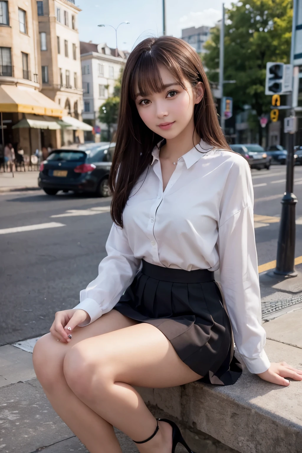 top-quality、Top image quality、​masterpiece、fully body photo、25 years old women, governess、Dark brown wavy middle hair、bangss、((White shirt、pleatedskirt、Stockings))、 ((no-bra、Looking from the side, chest is completely visible、、Visible))、Sexy white panties、soft boob、Large breasts、high-heels、 cute smile face、stairs at school、Sit with your legs open、((I can see all my panties、open one's legs、Open knees、Rub your chest with both hands、Touching the crotch))