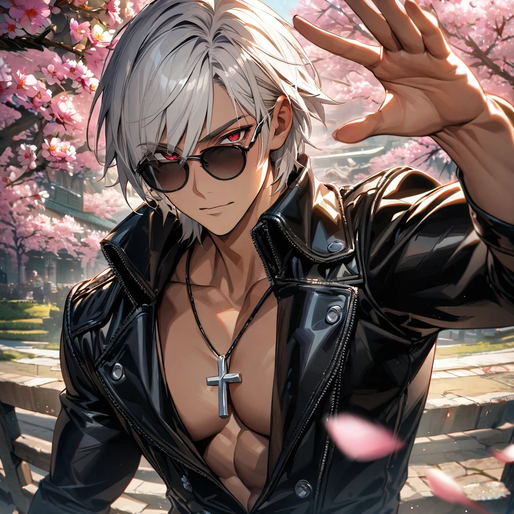 absurdres, highres, ultra detailed, HDR, master piece, best quality, extremely detailed face and eyes, K', white hair, with bangs, short hair, expressive red eyes, The King Of Fighters, black sunglasses, solo, sexy man, handsome, black leather clothes, cross necklace, tanned skin, pink flowers, blossoms, spring
