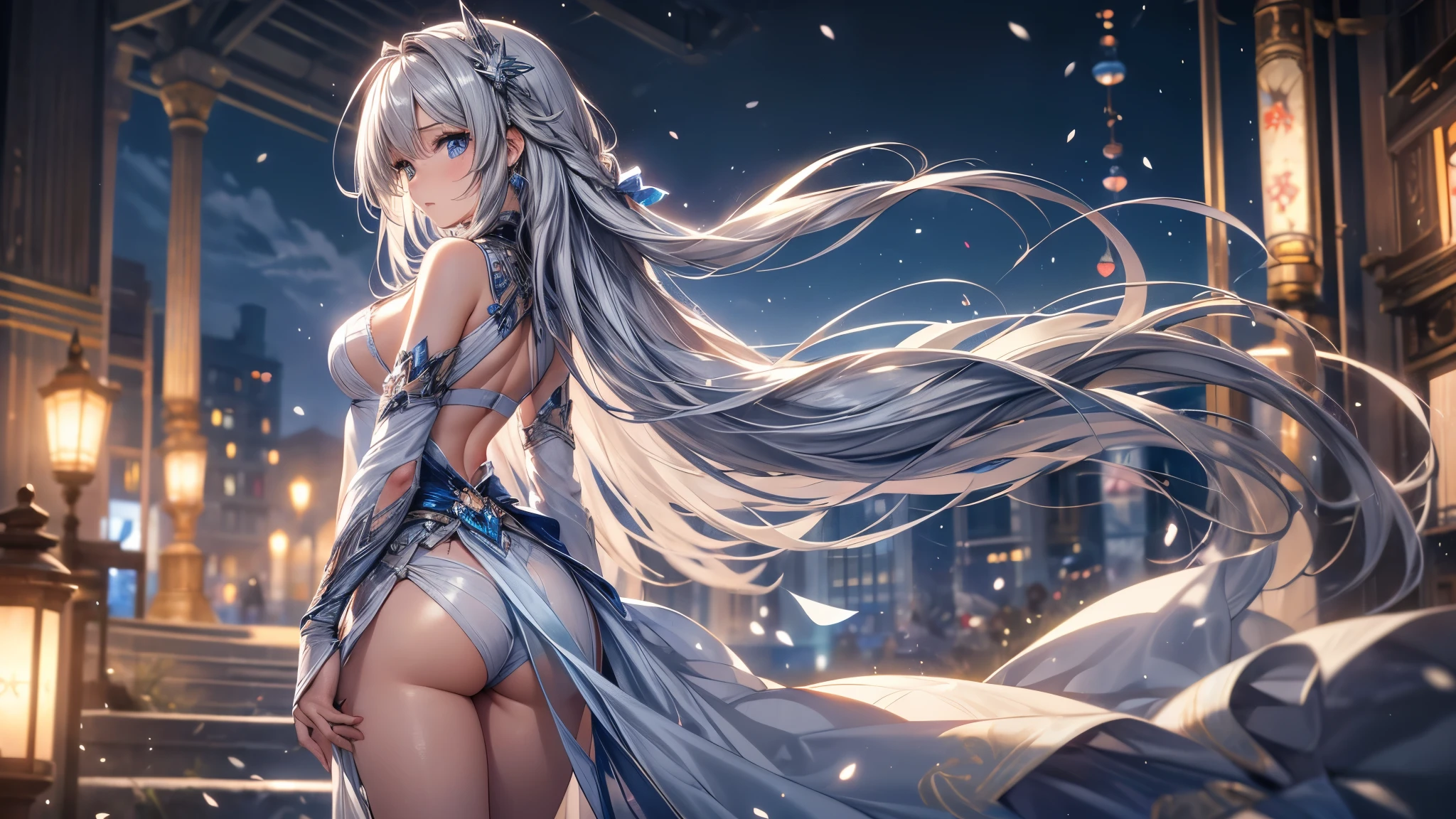 28-year-old female, Cute anime woman, Random background, Random pose, Random costumes, Outfits to match the background, break, shining, extremely long straight hair, ((Silver hair gradually fades to light blue tail)), Hair blowing in the wind, Super high quality hair, clear, side swept bangs, Long bangs cover one eye, Cute beauty face, (focus on face), Ultra-delicate的臉部質感, Sparkling pupils, ((Clear light blue eyes)), thin eyebrows, long upper eyelashes, double eyelids, Upper Eye, High-fidelity eyes, (Ultra-delicate眼睛), Sexy and attractive lips, water潤的嘴唇, Pink lip gloss, Richly detailed lips, White skin, delicate skin, Silky skin, (Super textured skin), break,  upright, Attractive medium breasts, Beautiful figure, Slim figure, anatomically correct, correct limbs, correct finger, Extremely delicate fingers, (Beautiful fingers), Perfect hands, Very high quality clothes, perfect clothing texture, Complete clothes, the right clothes, break, original photo, CG unity, professional, photography, Movie, Ultra-delicate, Clear focus, (high resolution), Deformed depth of field blurred background, Detailed background, Perfect layer cutting, Atmospheric distance sense, artistic, (full-body shot/Cowboy shooting/Rear view/Top view/Top view), /something is flying, /cloud, /snow /water /ice, (best quality), Exactly, masterpiece, Award-winning, 