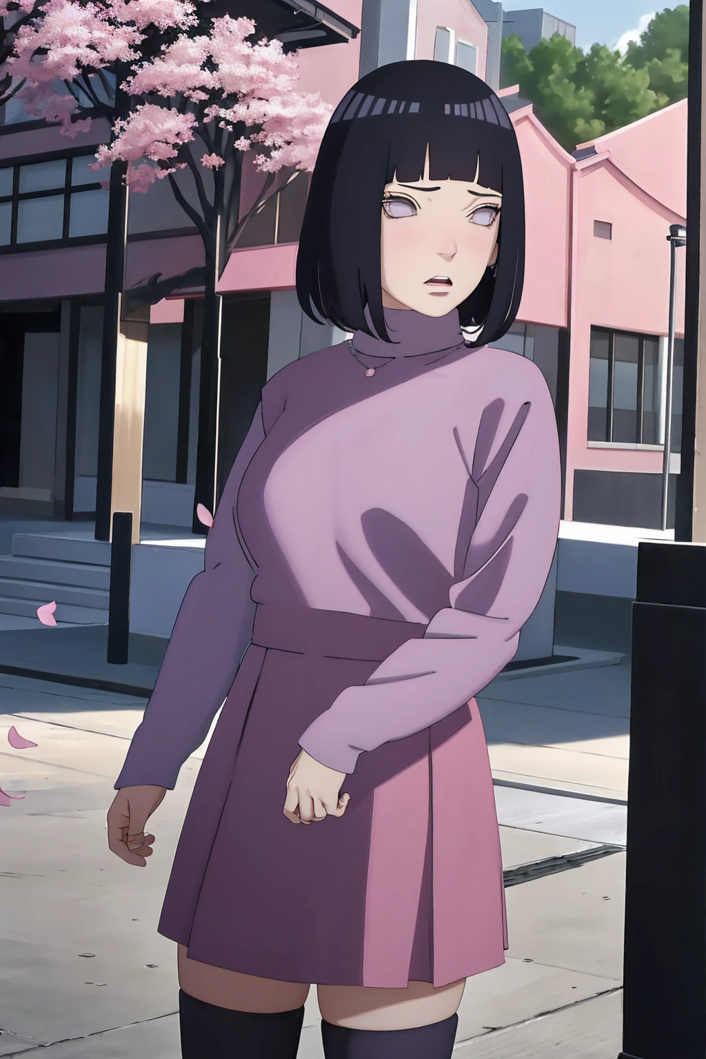 masterpiece, absurdres, hinata\(boruto\), 1girl, solo,mature female, tshirt long sleeve, high waist short skirt, looking at viewer, (falling petals), perfect composition, detailed lips, big breast, beautiful face, body propotion, blush, (pink lips), long hair, purple eyes, soft gaze, super realistic, detailed, photoshoot, realistic face and body, thighhighs, angry