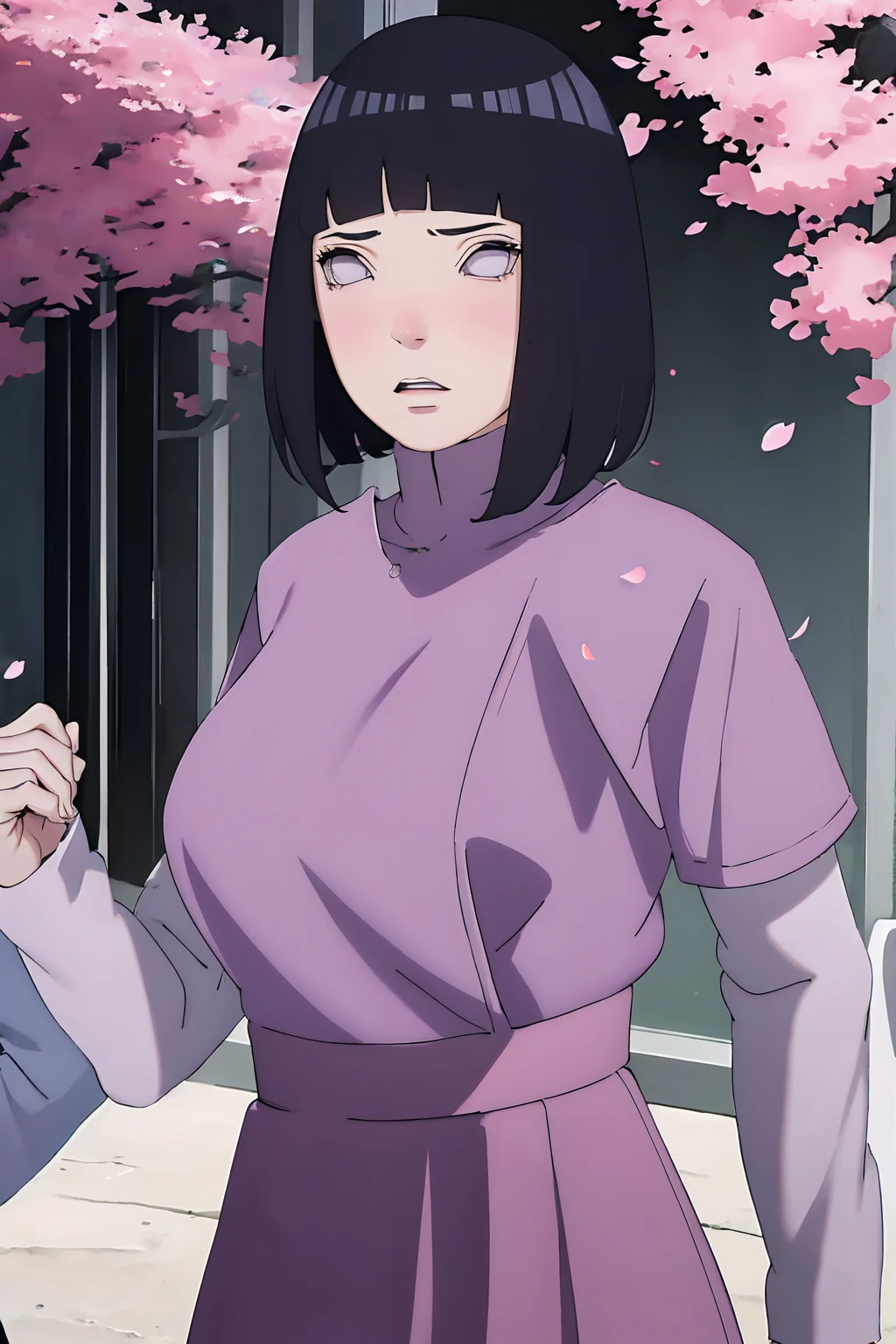 masterpiece, absurdres, hinata\(boruto\), 1girl, solo,mature female, tshirt long sleeve, high waist short skirt, looking at viewer, (falling petals), perfect composition, detailed lips, big breast, beautiful face, body propotion, blush, (pink lips), long hair, purple eyes, soft gaze, super realistic, detailed, photoshoot, realistic face and body, thighhighs