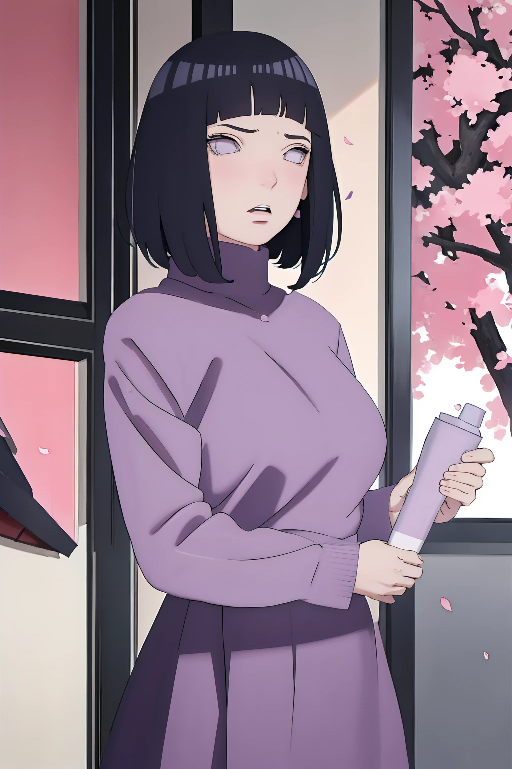 masterpiece, absurdres, hinata\(boruto\), 1girl, solo,mature female, tshirt long sleeve, high waist short skirt, looking at viewer, (falling petals), perfect composition, detailed lips, big breast, beautiful face, body propotion, blush, (pink lips), long hair, purple eyes, soft gaze, super realistic, detailed, photoshoot, realistic face and body, thighhighs, angry