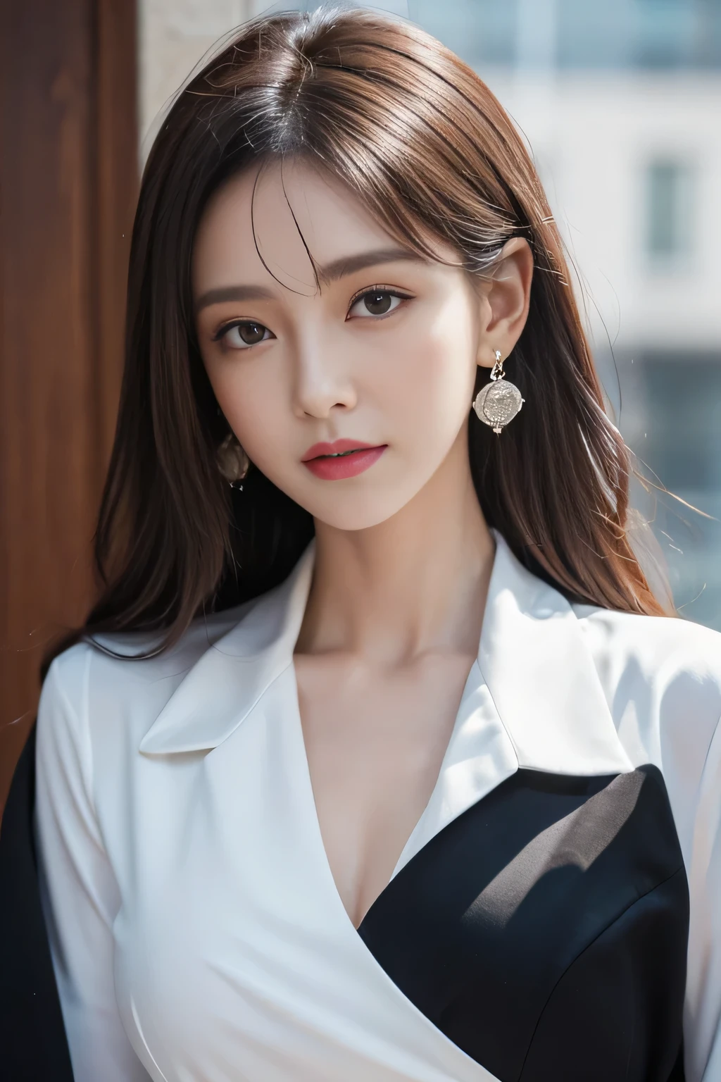 (1 female), beautiful, Great face and eyes, Compensate, (Very detailedbeautiful顔), Captivating smile, (highest quality:1.4), (Very detailed), (very detailed CG synthesis 8k wallpaper), Very detailed, RAW Photos, Professional photography, (Dark suit, White mini skirt:1.2), (Open neck business shirt), length, light brown, Messy Hair、Big earrings、Close-up、