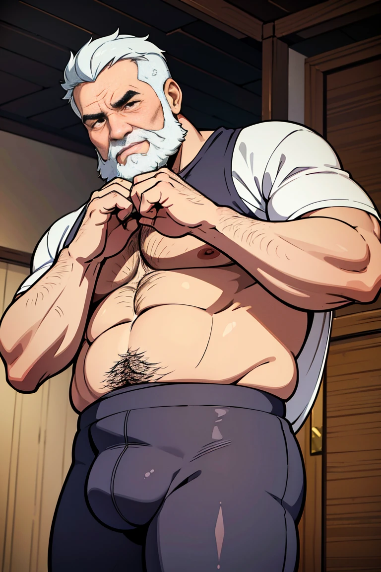 Just chubby plump extremely thick thighs (melhor qualidade,4K,8k,high resolution,obra de arte:1.2),ultra-detalhado,realista:1.37,homens,grown-up homens,old homens,fat white muscular homens,cabelo da barriga,large bulges,pants,camisa xadrez,barba,nojento,60-year-old homens,family,pai,barriga de urso,terno de abertura. Sentado na beirada da cama. apenas usando sunga no corpo. Looking at the spectator gesturing with his hands.