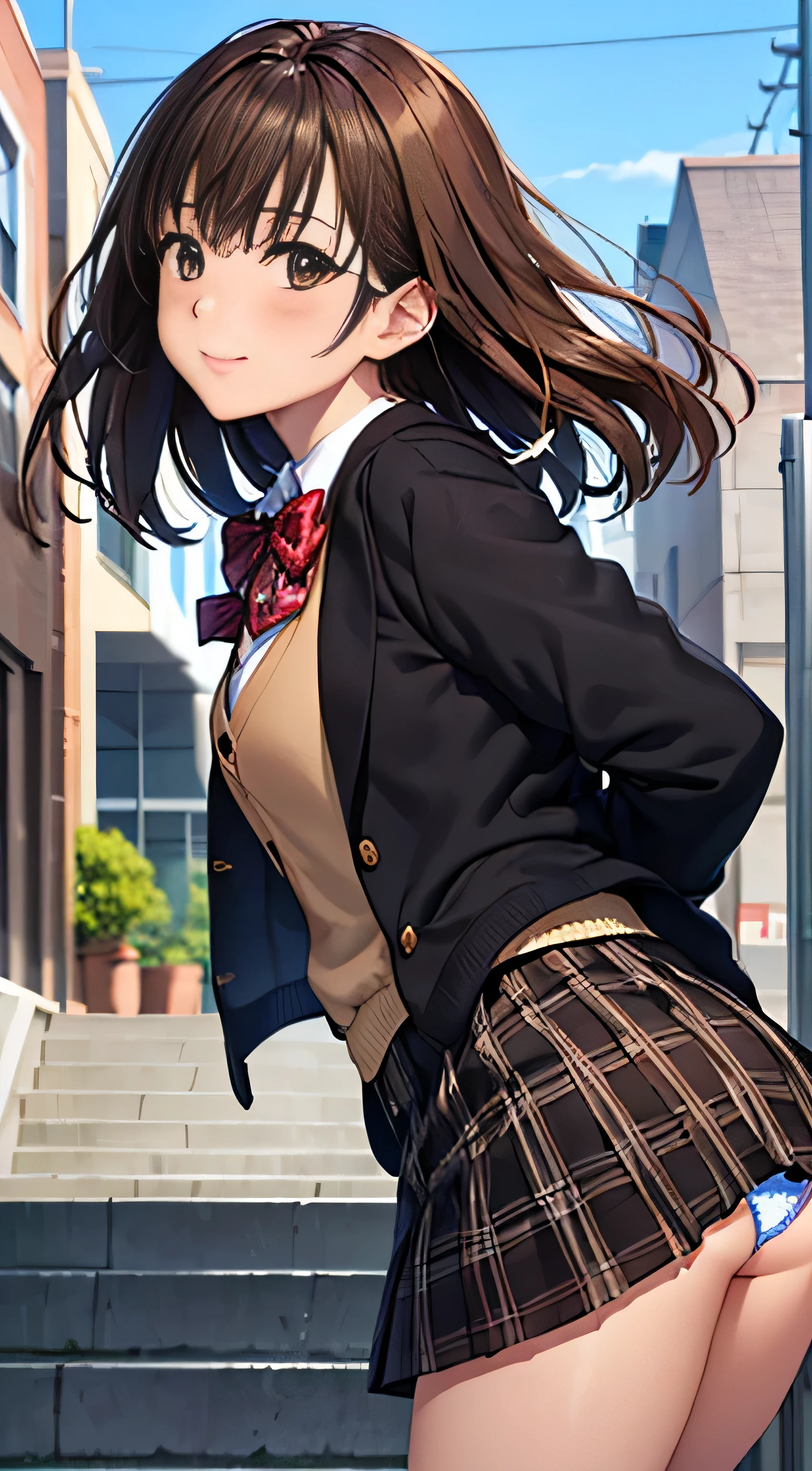 ((Tabletop, highest quality, High resolution, Hmph, Perfect Pixel, 4K, Hmph, Hmph))), One Girl, single, alone, Beauty、The whole body is visible、 ((Mid-wave hair, bangs, Brown Hair)), ((Brown eyes, Beautiful eyelashes, Realistic eyes)), ((Detailed face, Blushing:1.2)), ((Smooth texture:0.75, Realistic texture:0.65, Realistic:1.1, Anime CG Style)), Medium chest, Dynamic Angle, Perfect body, ((Red bow tie, , Black jacket, Open jacket, Brown cardigan, White shirt, Black Skirt, Checked skirt)), City stairs、Looking up from the bottom of the stairs、Very embarrassing panic smile, looked back、Leaning forward、(The wind blew up her skirt, exposing her buttocks....................、Touch your buttocks with both hands、Light blue floral lace panties)、