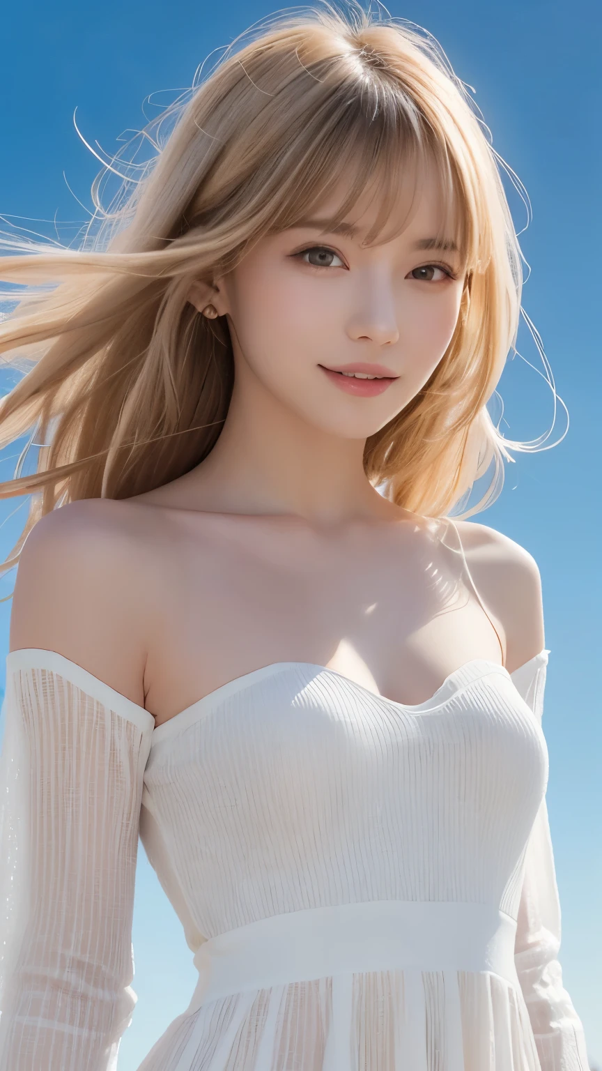 Silver Hair、(masterpiece, Highest quality, Highest, Official Art, beautifully、aesthetic, Long exposure: 1.2), Smooth movement, Attractive patterns, 1 girl, (Long dress with sleeves: 1.3), (((White clothes) )), Upper Body close-up, Exposing shoulders, Chinese Girl, blush, Black lob hair, Portraiture, alone, Upper Body, Observing the observer, Detailed Background, Detailed face, (Crystal AI, Crystal Theme:1.1), Wind Elf, Rotating wind, Controlling the Wind, White crystal clothes, Dynamic pose, Suspended particles, Aether Dynamics, whirlwind, vapor, whirlwind in the background, White Tone, whirlwind, Great atmosphere,blonde,Fairy, Yellow Hair, Plump face,Random Pause,Big eyes, light smile
