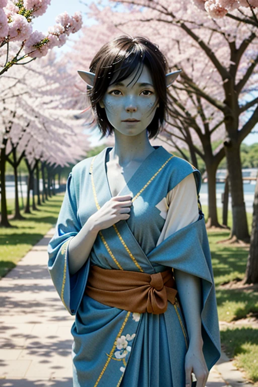 ((ultra detailed, masterpiece, absurdres))
 AvKiri, 1girl, blue skin, yellow eyes, black hair, short hair, dress, in a traditional kimono, surrounded by cherry blossoms