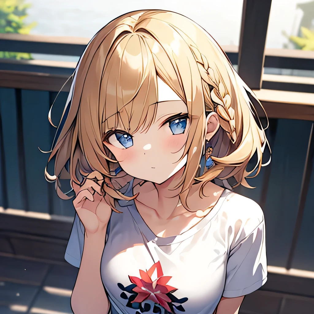 masterpiece、highest quality,Very detailed, Absurd beauty、(1 beautiful girl、Medium Hair、Braided hair、blonde、Ample breasts)、clavicle、Keep your head small、T-shirt only、Wearing a men's T-shirt、Thin legs、living room