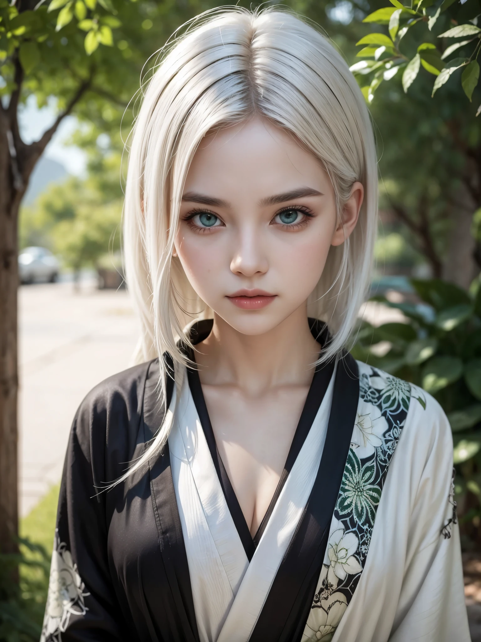 Hot girl, white hair, green eyes, black kimono