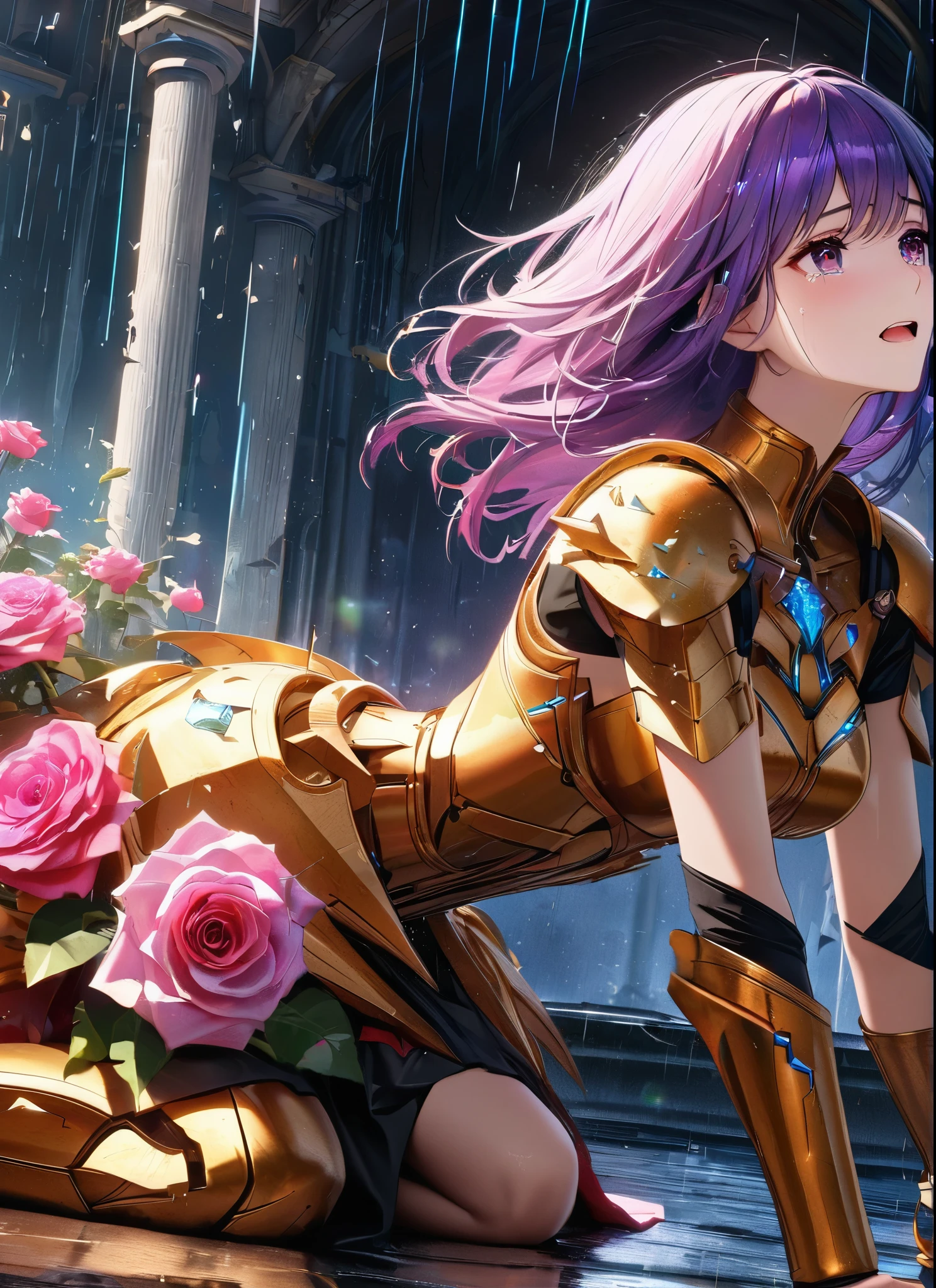 In tears, a girl kneels on the floor of a garden. She is wearing a shattered and broken golden armor with missing pieces. The scene is dramatic, with the girl's tears flowing down her face. The garden is filled with vibrant roses, and rain is falling from the sky. The girl's face is ultra-detailed, capturing every emotion and detail. The overall image is of the highest quality, with a 4k resolution, ultra-detailed rendering, and vivid colors. The lighting in the scene adds to the dramatic atmosphere.