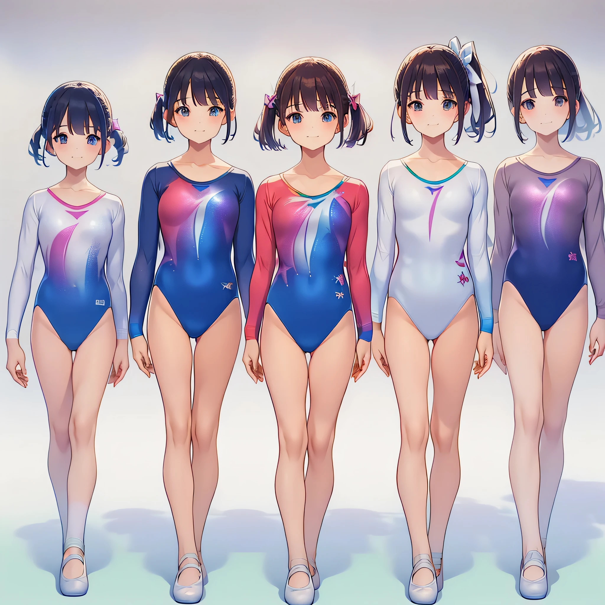 Gymnastics club,(4 girls:1.3),(long sleeves leotard:1.3),(rainbow print leotard:1.3),(white leotard),full body, pony tail, blue ribbon, long hair,(sailor collar:1.2),(over 16 years old, under 19 years old:1.2), ballet shoes, white background