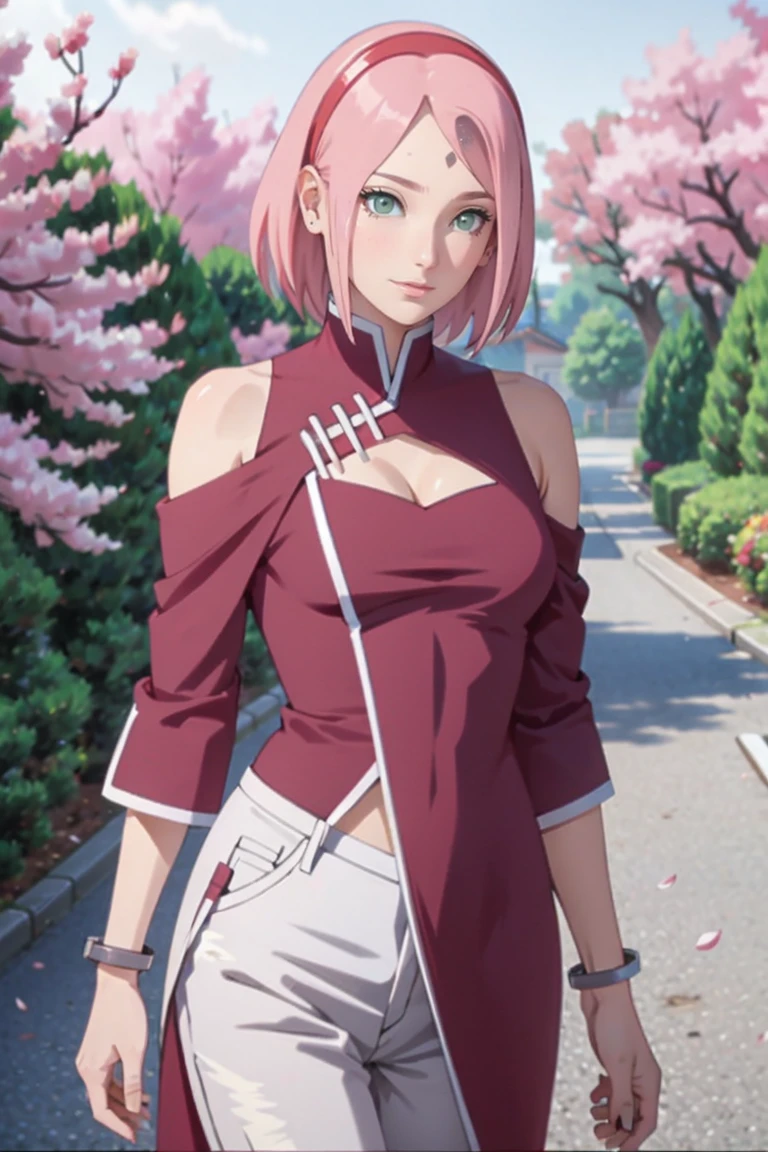 tmasterpiece, Best quality at best, 1girll, Sakura Haruno, Large breasts,Off-the-shoulder attire,(cleavage),(upperbody closeup),Raised sexy,is shy,ssmile,with pink hair,short hair, (Green eyeballs:1.4), Forehead protection, the cherry trees,Cherry blossoms flying,Red clothes,Zipper half, white pant