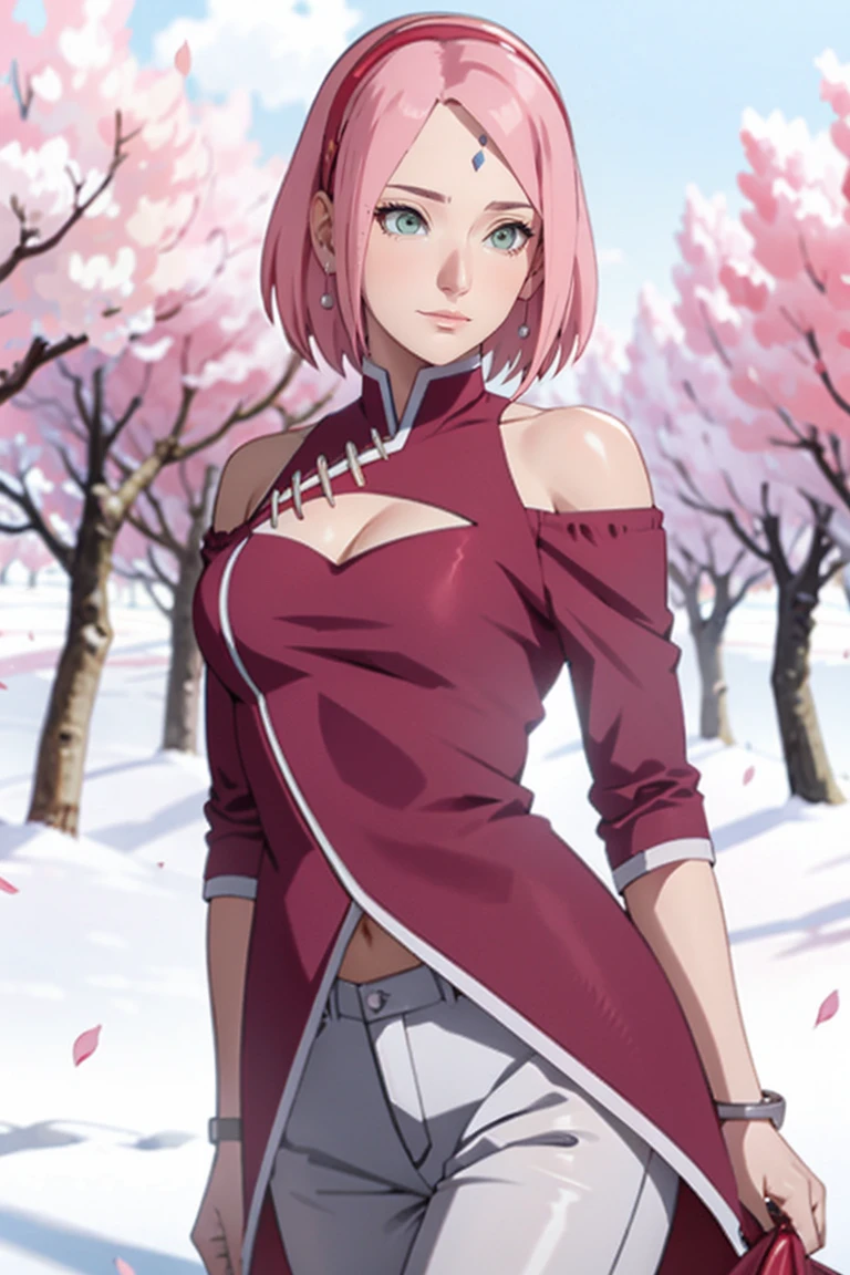 tmasterpiece， Best quality at best， 1girll， Sakura Haruno， Large breasts，Off-the-shoulder attire，（cleavage)，（upperbody closeup)，Raised sexy，is shy，ssmile，with pink hair，short hair， （Green eyeballs:1.4)， Forehead protection， the cherry trees，Cherry blossoms flying，Red clothes，Zipper half, white pant